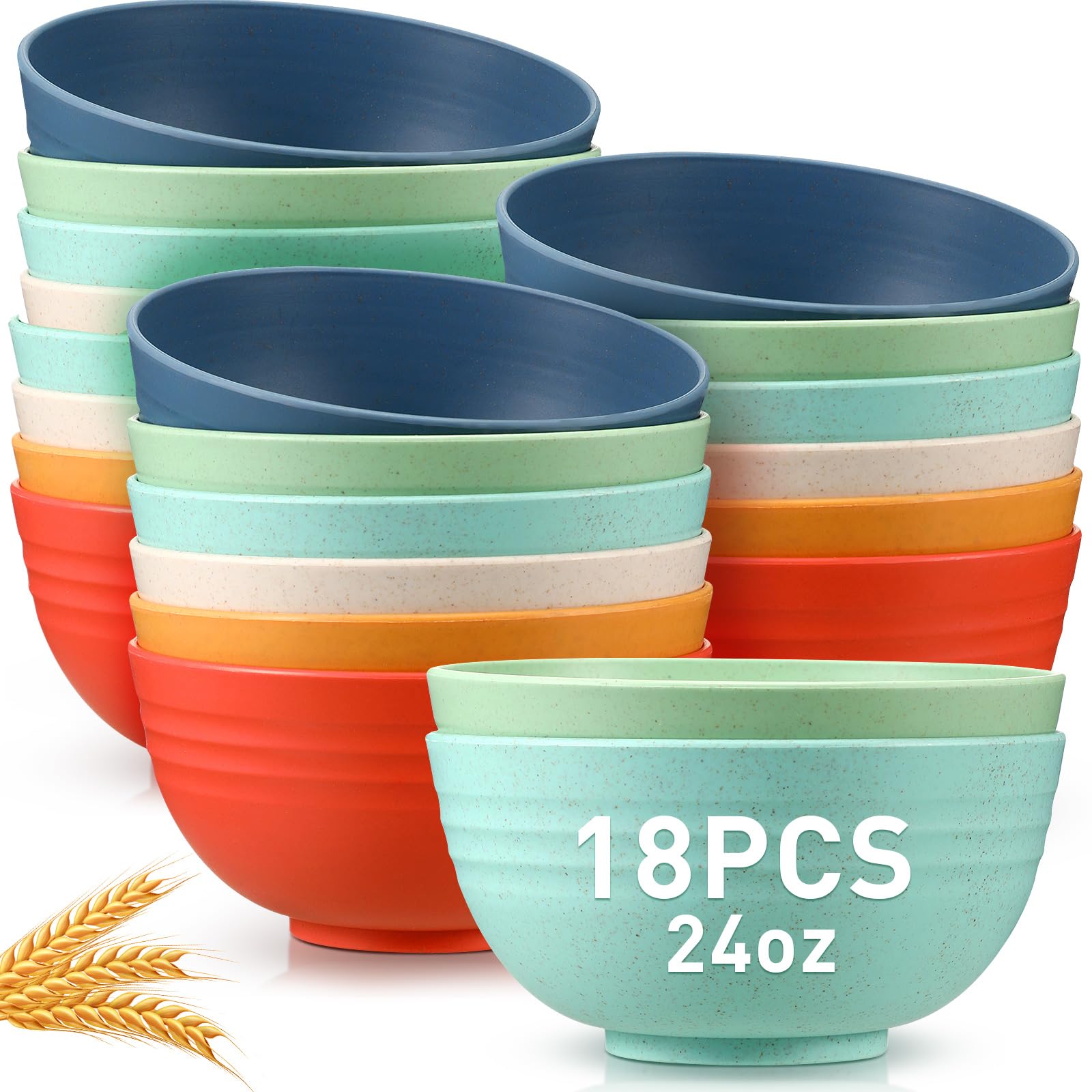 Geosar 18 Pcs Unbreakable Cereal Bowls 24 Oz Microwave and Dishwasher Safe Wheat Straw Fiber Lightweight Bowl for Soup Kitchen Serving Salad Dishes Oatmeal(Soft Colors)