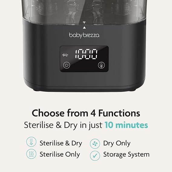 Baby Brezza SuperQuick Steriliser Dryer | Sterilise & Dry in 10 Mins | Kills 99.9% Germs | Holds 8 Bottles & 2 Pump Sets | 4-in-1 Functions