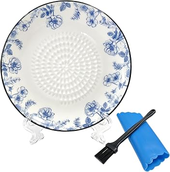 Ceramic Garlic Grater Plate 4 Pcs Set, All-in-one Premium Handmade Press & Natural Grinder Plate for Garlic, Ginger, Cheese, Fruits Blue and white