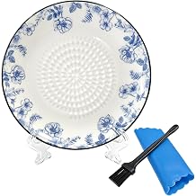 Ceramic Garlic Grater Plate 4 Pcs Set, All-in-one Premium Handmade Press & Natural Grinder Plate for Garlic, Ginger, Cheese, Fruits Blue and white