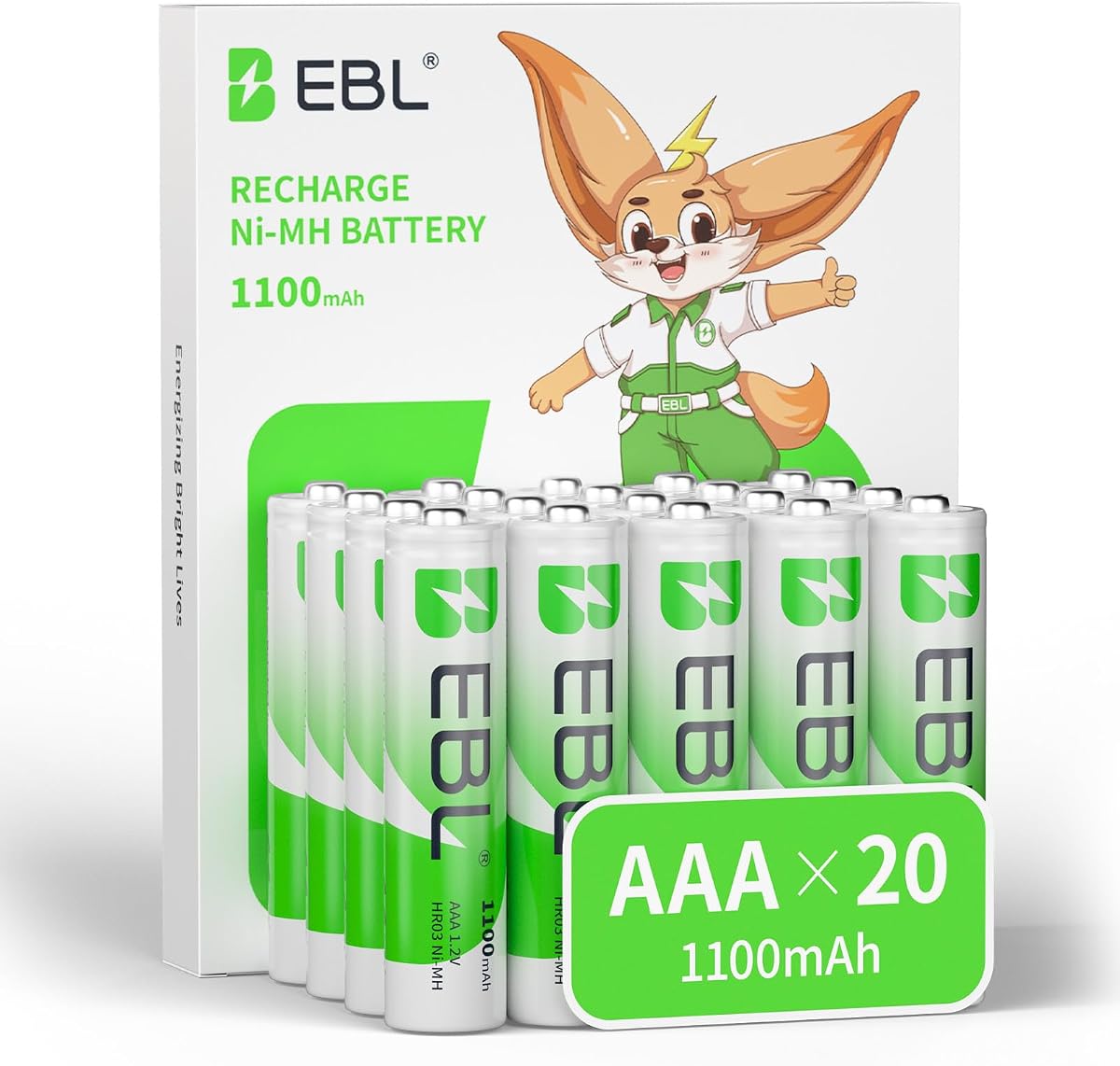 EBL Paquete de 20 baterías recargables AAA, baterías NiMH 1100 mAh Triple A | Sin mercurio, 1200 ciclos, alta capacidad, potencia duradera de 1,2 V, rendimiento confiable, diseño para dispositivos domésticos