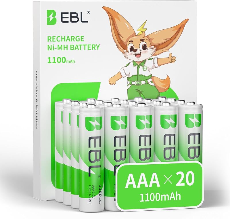 EBL Paquete de 20 baterías recargables AAA, baterías NiMH 1100 mAh Triple A | Sin mercurio, 1200 ciclos, alta capacidad, potencia duradera de 1,2 V, rendimiento confiable, diseño para dispositivos domésticos