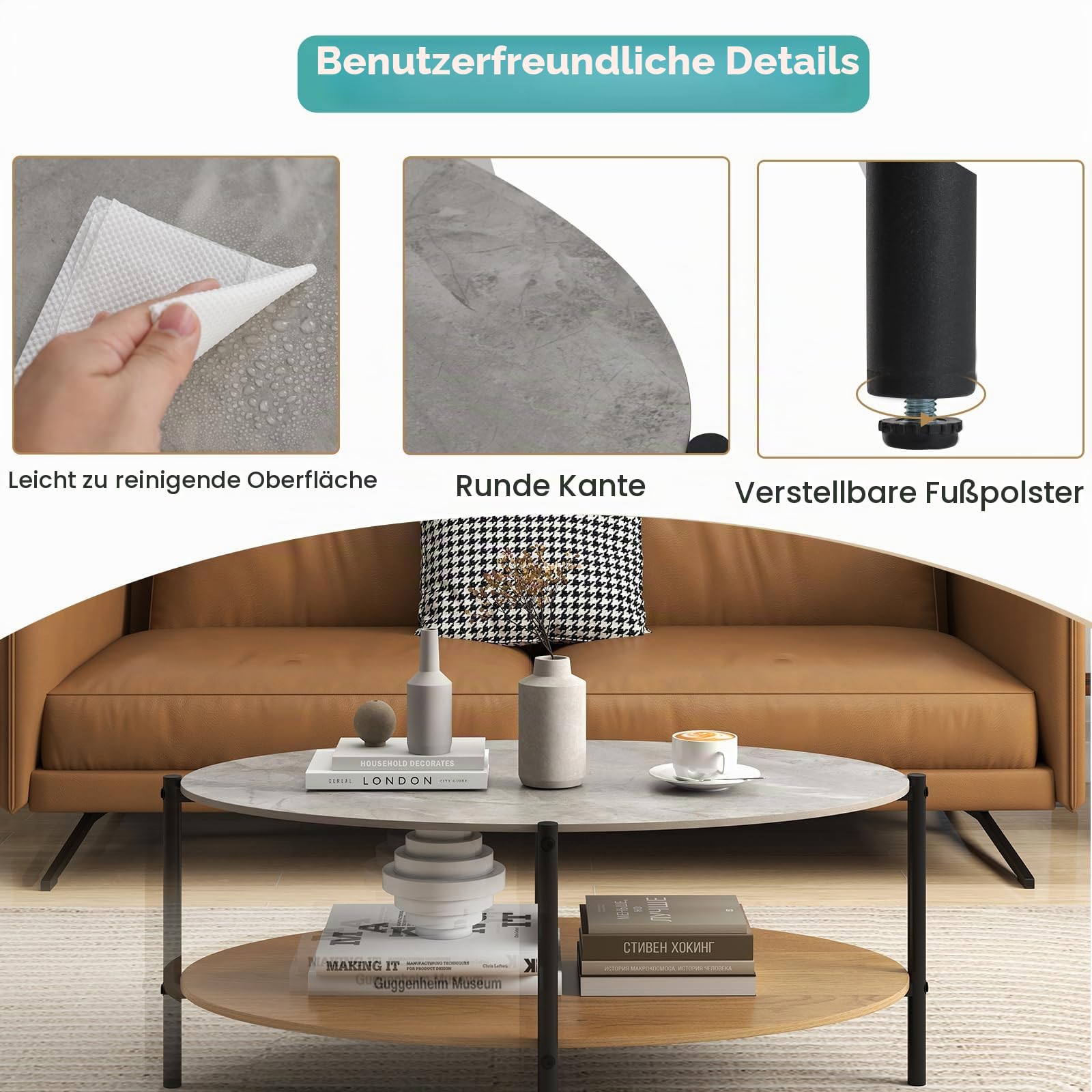 LIFEZEAL Couchtisch Marmor, Ovaler Wohnzimmertisch mit Marmorplatte, Moderner Kaffeetisch Sofatisch mit robustem Metallrahmen, 105 x 65 x 43 cm