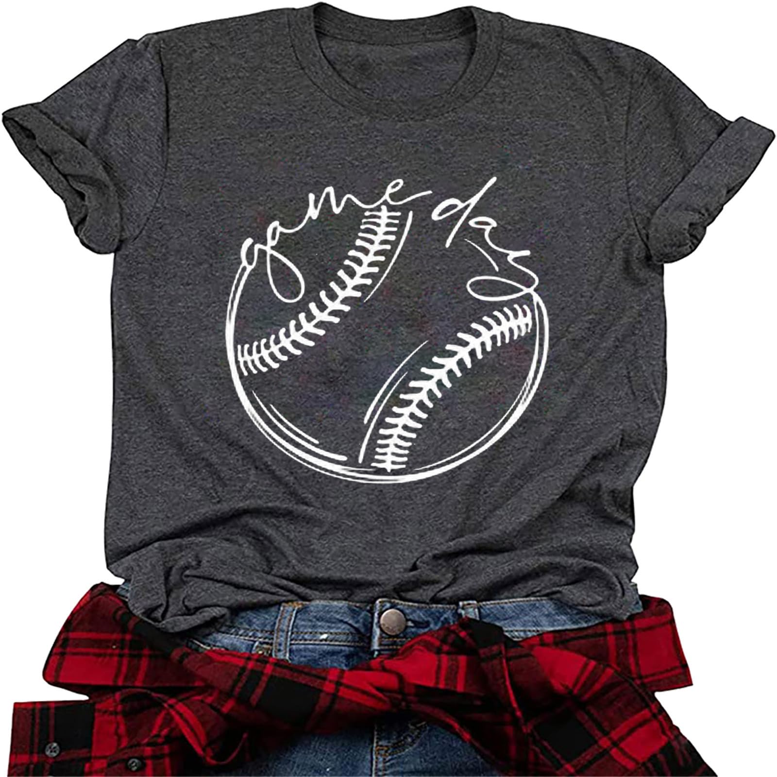 COLORFUL BLINGBaseball Game Day Tshirt Women Softball Letter Print Graphic Shirt Crewneck Short Sleeve Tee Casual Loose Fit Tops