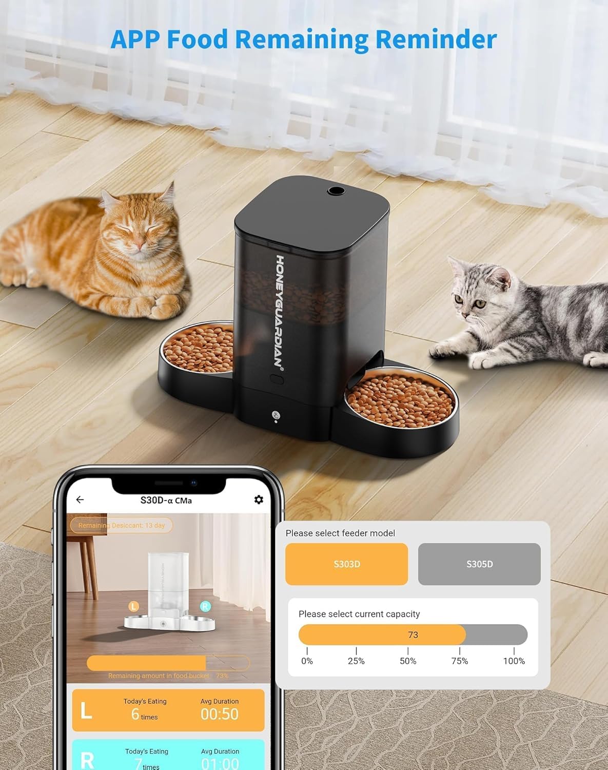 HoneyGuaridan 5L Distributore Automatico Cibo Gatti Adatto a Due Gatti, Dispenser Crocchette Gatto Con 2.4G/5G WiFi, Programmabile 6 Pasti al Giorno, Registrazione Vocale 10s, Doppia Alimentazione