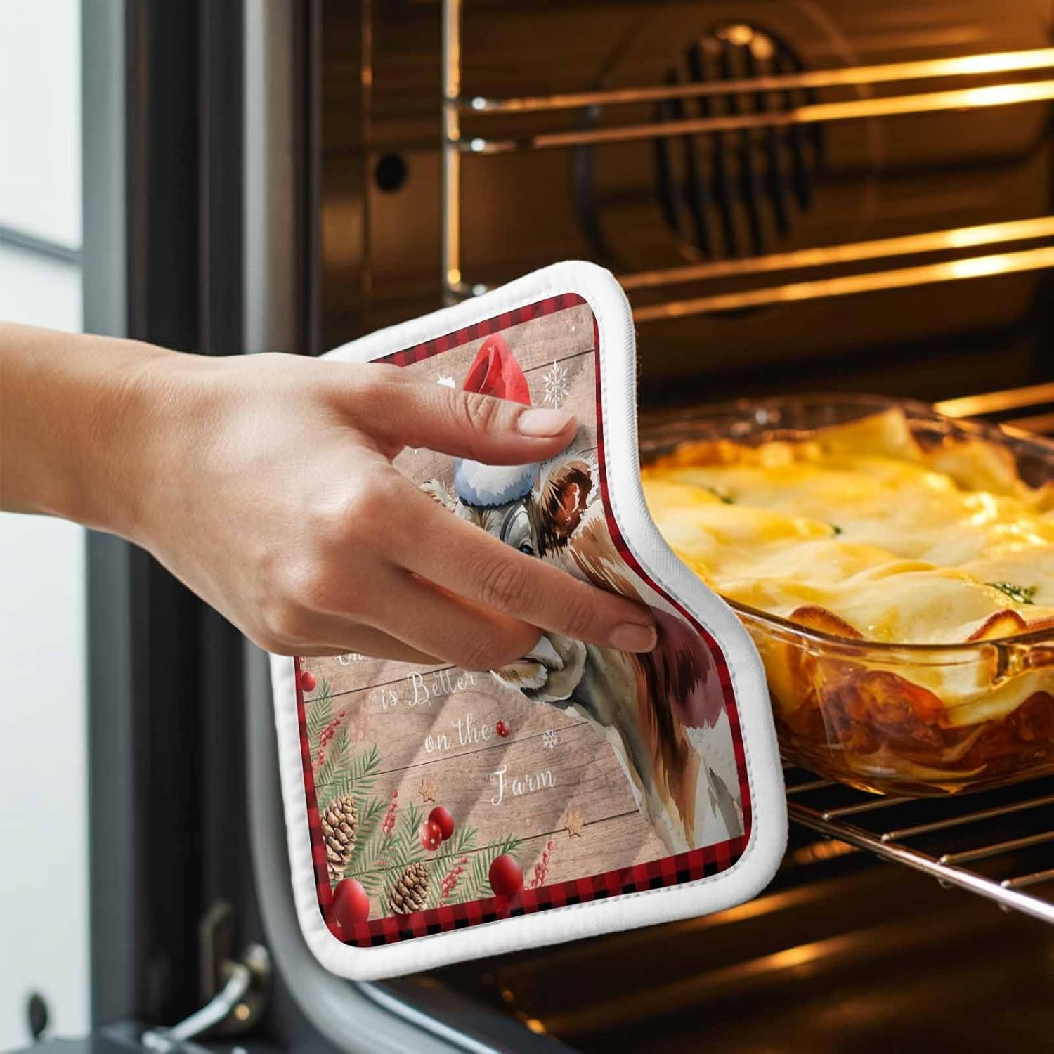 5 Pack Pot Holders for Kitchen, Red Christmas Hot Pads for Kitchen Countertops Oven Pot Holder Bulk, Cow Snowflake Red Plaid Farmhouse Wooden Winter Heat Insulation Potholders with Hanging Loops