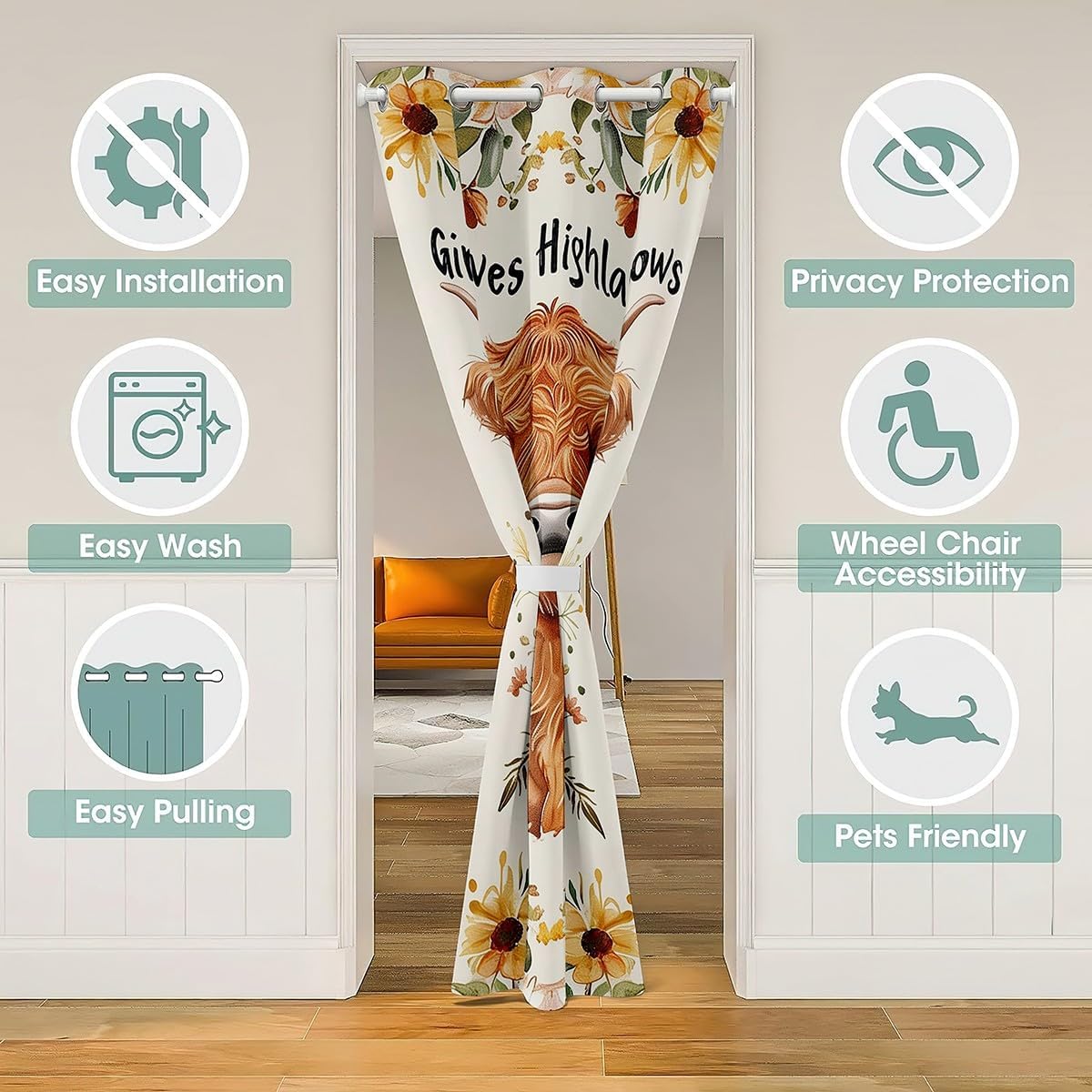 jejeloiu Highland Cow Doorway Curtain Privacy 1 Panel, 42"x84" Highland Cattle Door Cover Curtain for Kids Boys Girls Teens Garden Flower 30%-50% Curtain Romantic Window Treatments