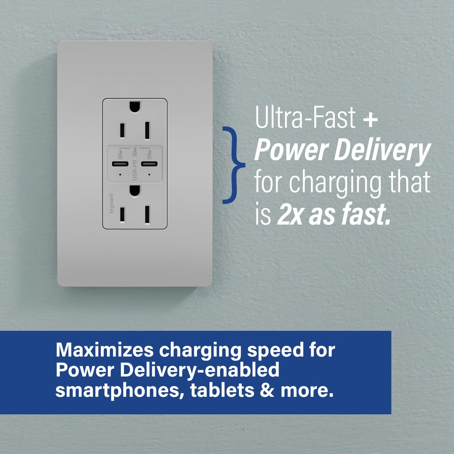 Legrand Radiant R26USBPDGRY 15 Amp Tamper-Resistant Decorator Duplex Receptacle Outlet with Ultra Fast USB C/C 6.0A Charging Ports Plus 30W Power Delivery, Gray (1 Count)