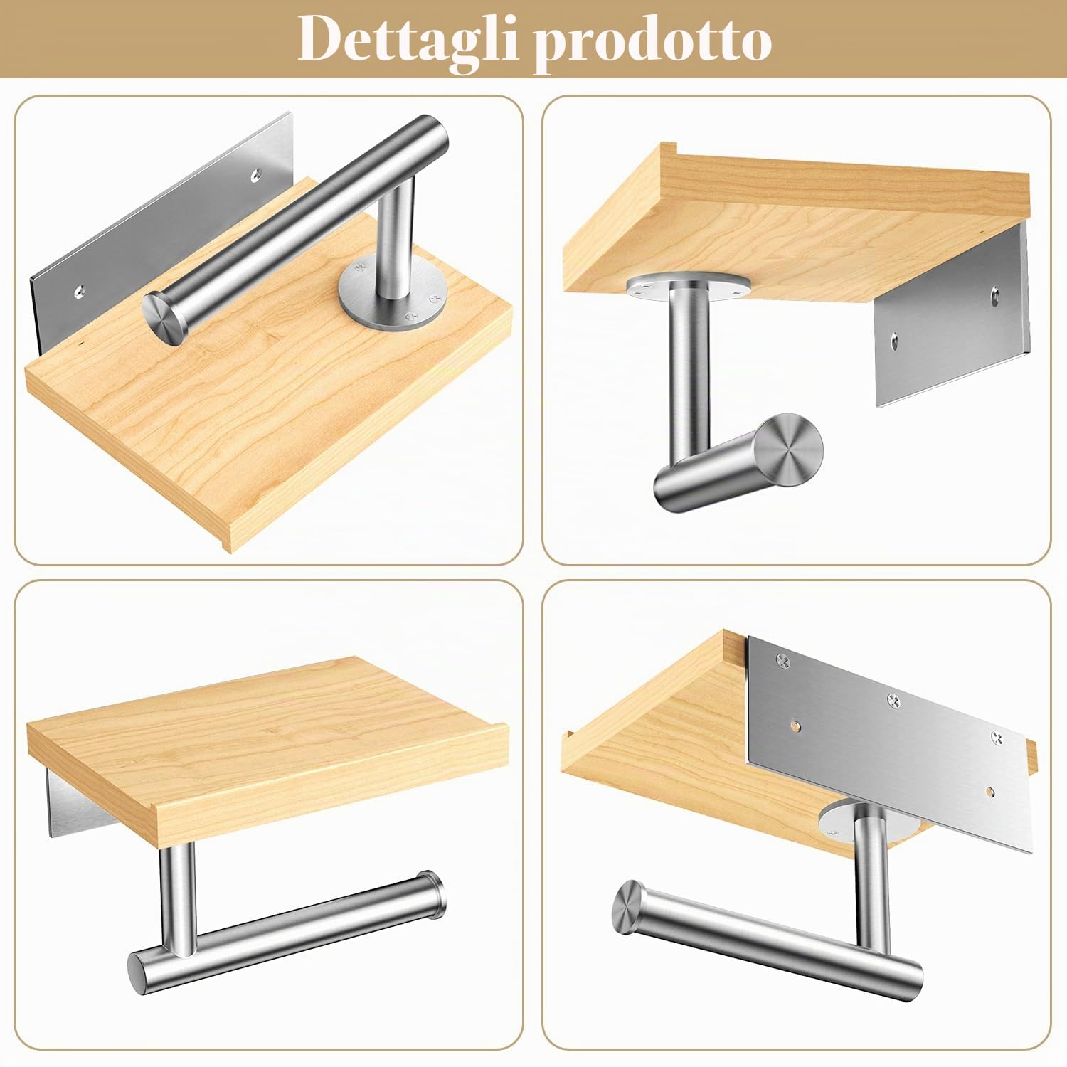 Tindbea Porta carta igienica con ripiano in legno, Porta rotolo carta igienica da parete in legno, Accessori bagno in acciaio inox nichelato spazzolato per la casa (Acero, nichel spazzolato)