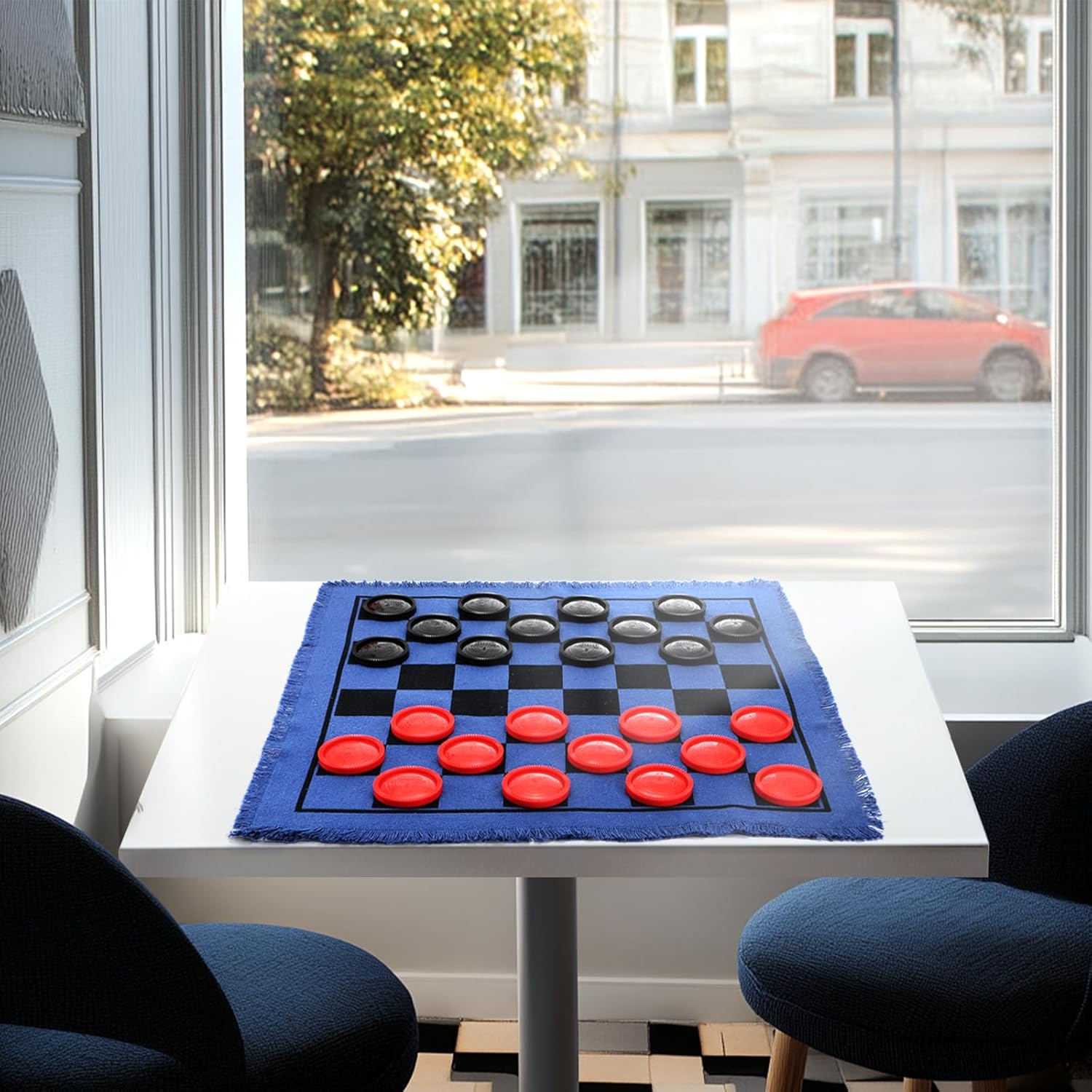 Yarlung Giant Checkers Set Tic Tac Toe Game, 3 in 1 Jumbo Checkers Game Board for Family Camping, Yard, Lawn Games, 2 Players, Blue Reversible Rug