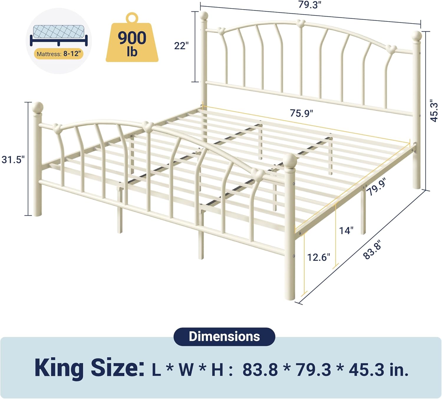 Allewie 14 Inch King Size Metal Platform Bed Frame with Heart-Shaped Headboard and Footboard/Iron-Art Mattress Foundation/Under Bed Storage/No Box Spring Needed/Easy Assembly/Noise-Free/Cream White