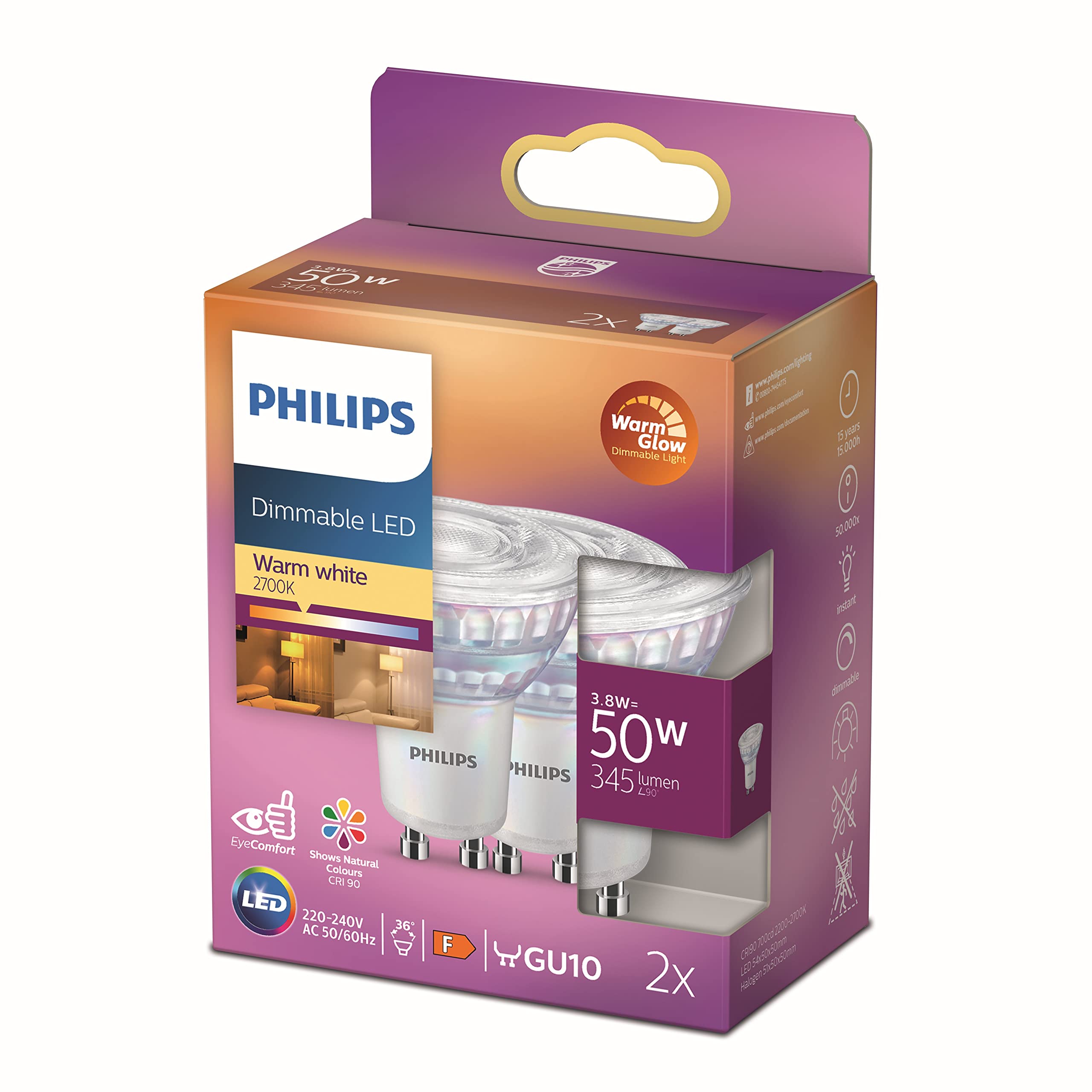 Philips Lighting ampoule LED Spot GU10 50W Transparent Compatible Variateur, Verre, 6 Unité (Lot de 1) & Philips ampoule LED Spot GU10 50W Blanc Chaud Compatible Variateur, Verre, Lot de 2