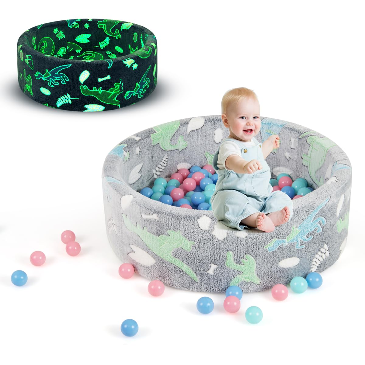 COSTWAY Piscine à Balles Phosphorescente en Mousse Enfant 86x30cm avec 200 Balles Océaniques, Fosses à Balles Ronde Bébé avec Motif Dinosaure & Tissu en Flanelle, Gris