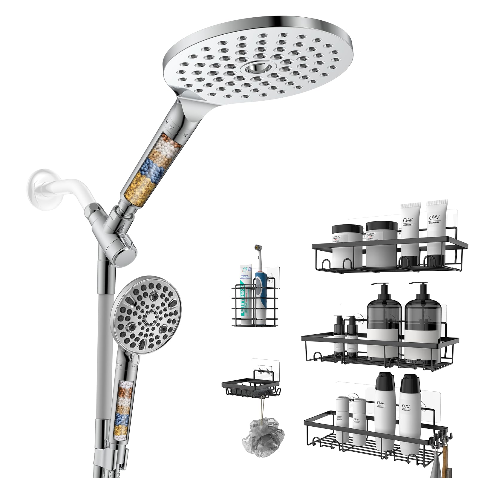 Dual Filtered Handheld Shower Head Combo Shower Caddy 5 Pack for Bathroom