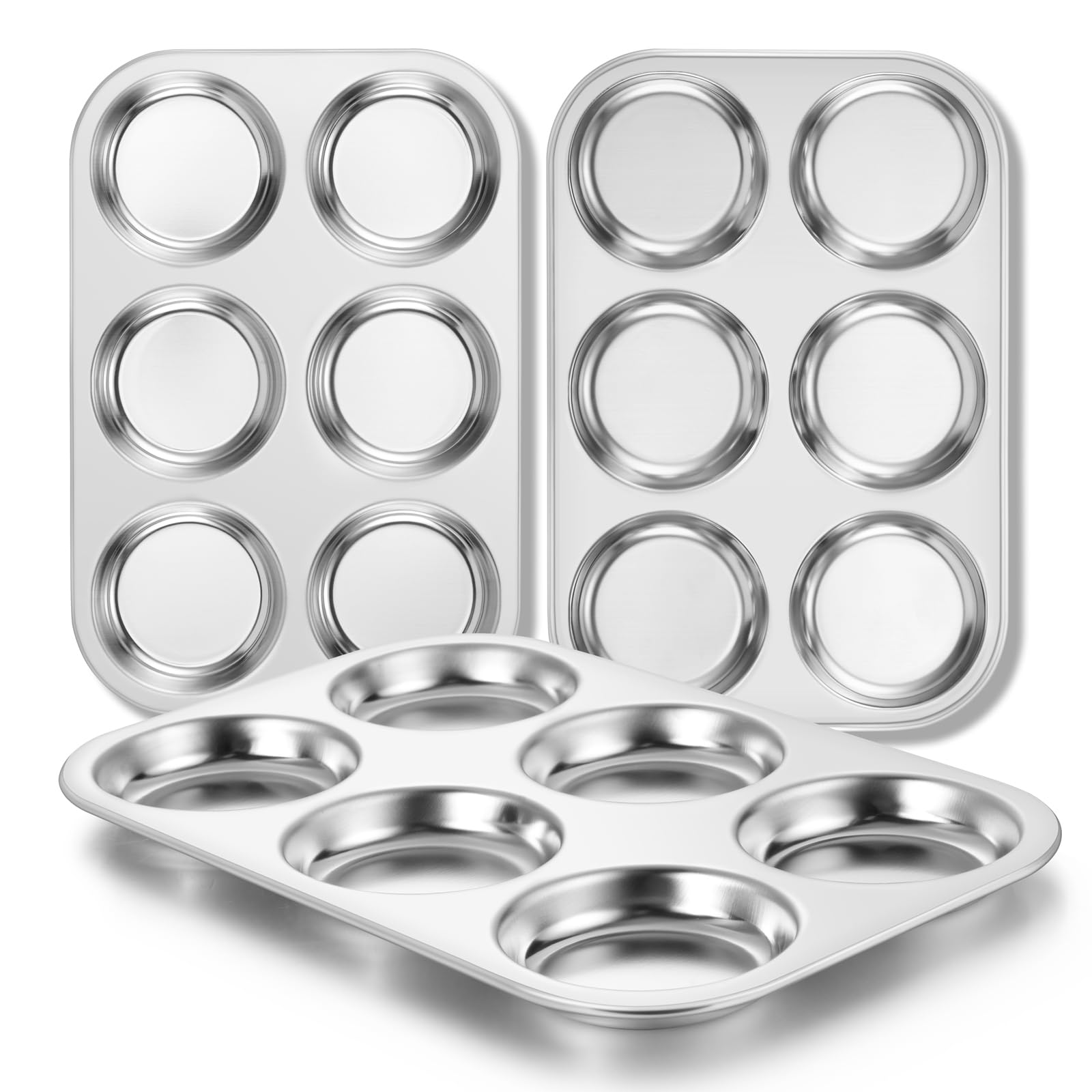 E-far Muffin Top Pan Set of 3, Stainless Steel 6-Cavity Shallow Cupcake Pan for Baking Whoopie Pie, Yorkshire Pudding, Eggs, Cornbread, Drop Cookies, Non-toxic &amp; Standard Size, Oven &amp; Dishwasher Safe