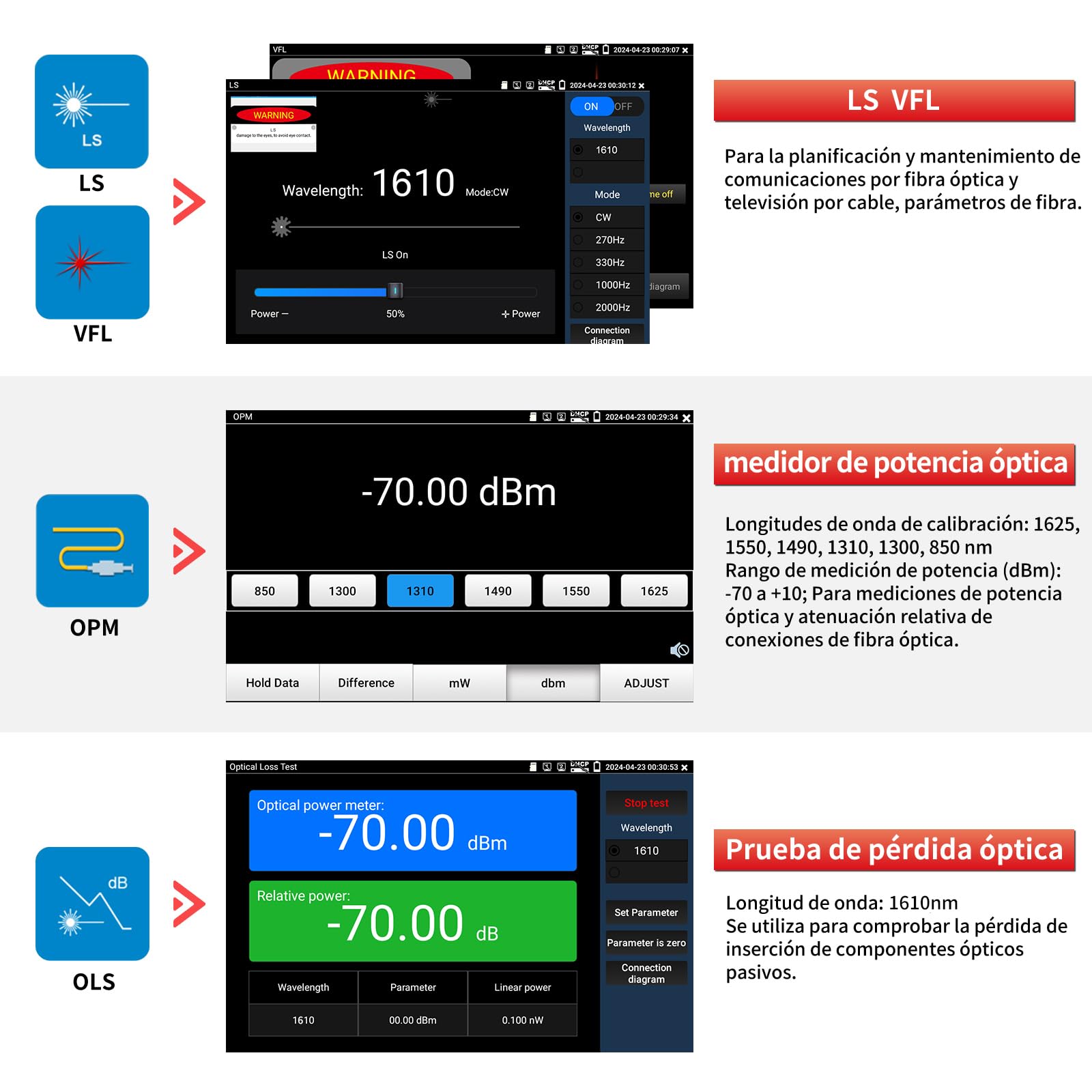 Henkion OTDR 1610nm 32dB Probador Fibra Óptica 1310/1490/1550/1577nm Test Fibra en Vivo/Auto/Experto Mapa Eventos LS OPM OLS Probador Cable Herramientas Red Pantalla Táctil IPS 7" Resolución 1280x800