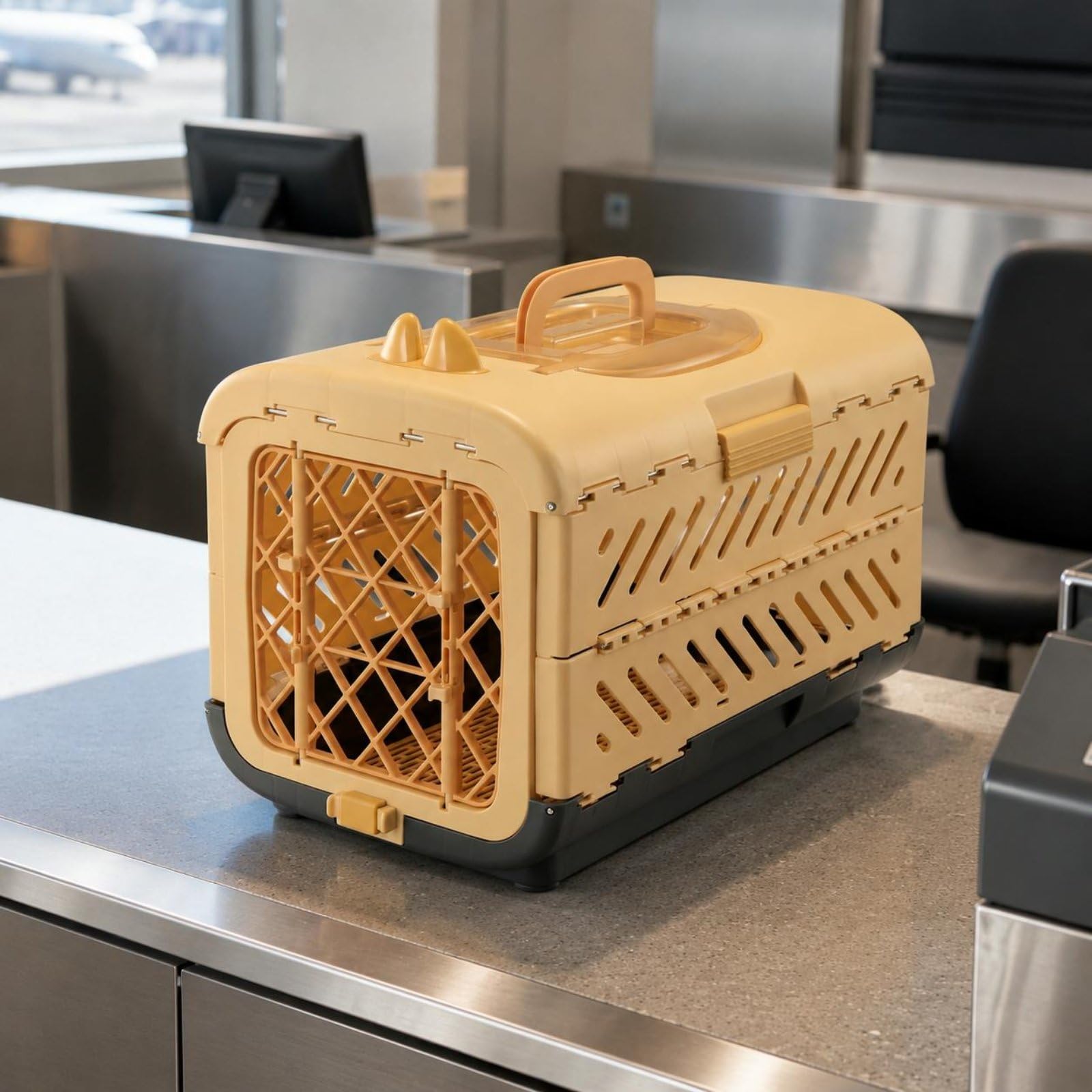 Gralara Transportín para Gatos Transportín Jaula Contenedor Mochila Plegable con Diseño Portátil y Estable Ventilación Lateral y Estructura Rígida Material PP, Verde