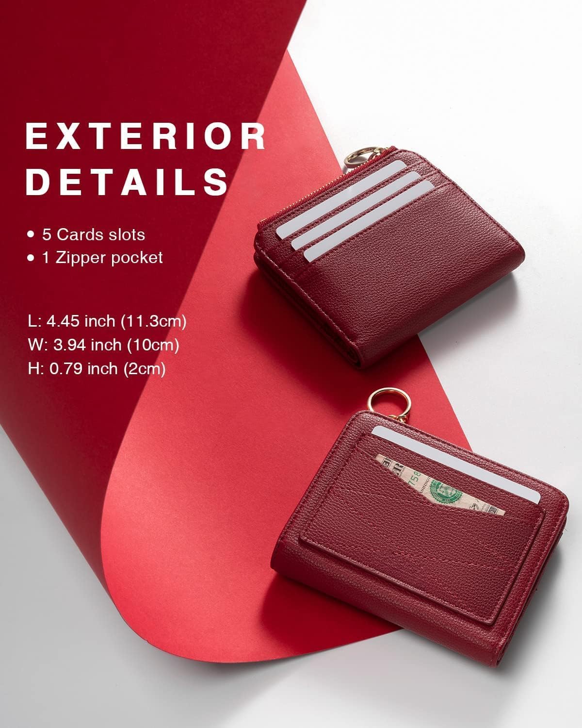 Genuine Leather Wallet for Women RFID Blocking Bifold Large Capacity with ID Window & Zipper Pocket (Dark Red)