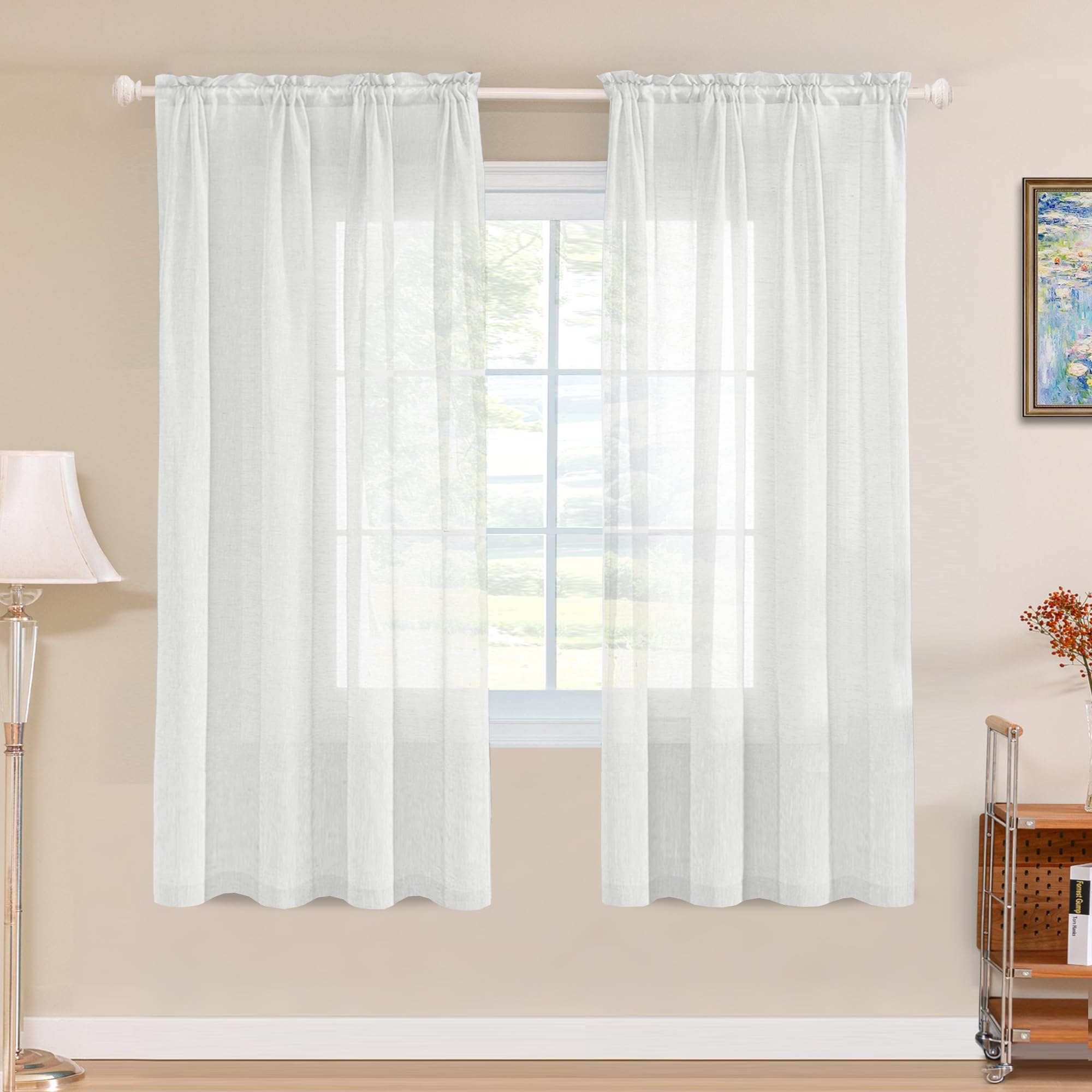 Turquoize Natural Linen Blended Curtain Panels Semi Sheer Curtains Light Filtering Linen Curtains Rod Pocket Linen Textured Drapes for Bedroom,