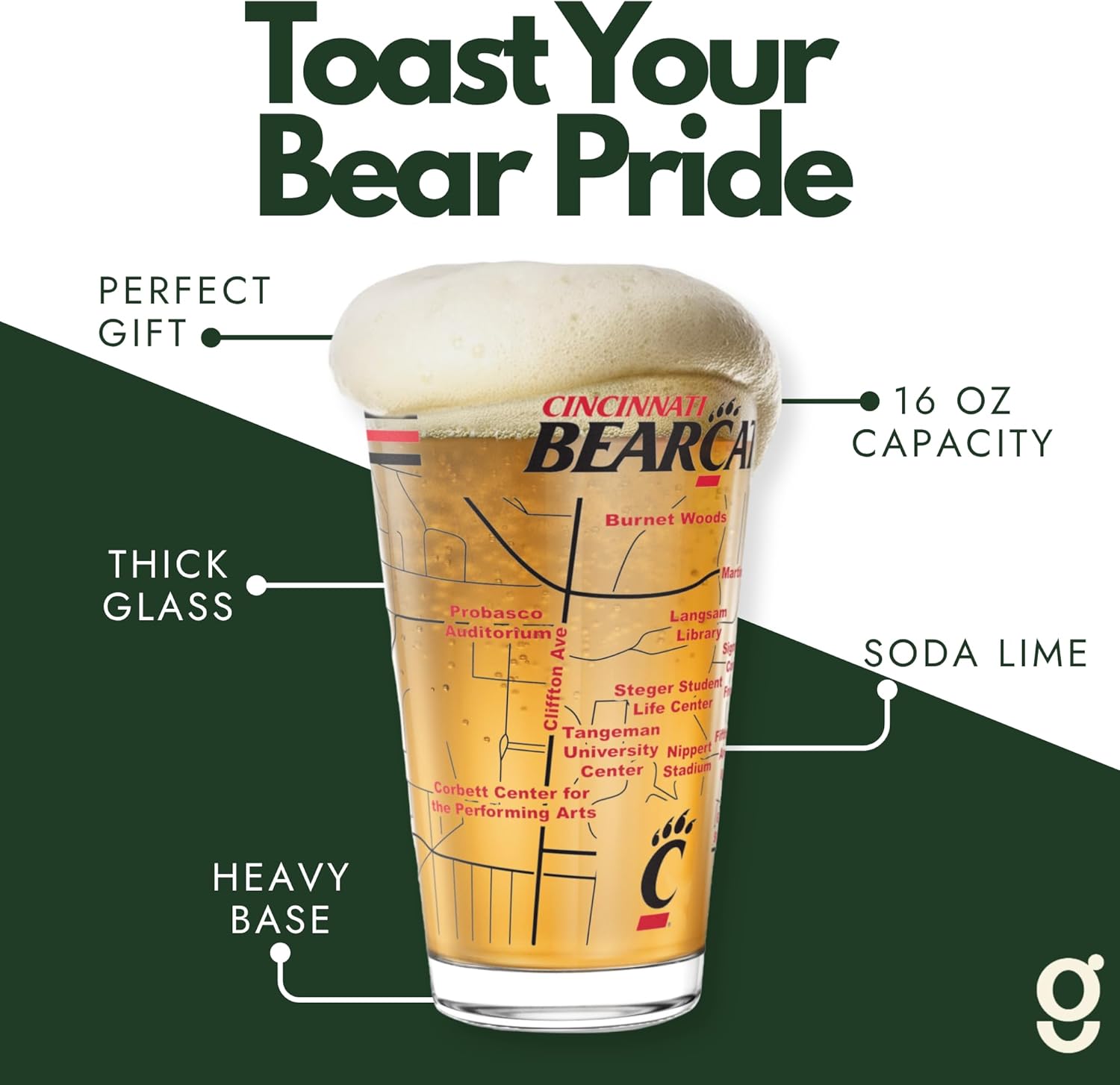 Greenline Goods University of Cincinnati Bearcats College Pint Beer Glasses (Set of 2), 16 oz – Full-Color Logo + Campus Map