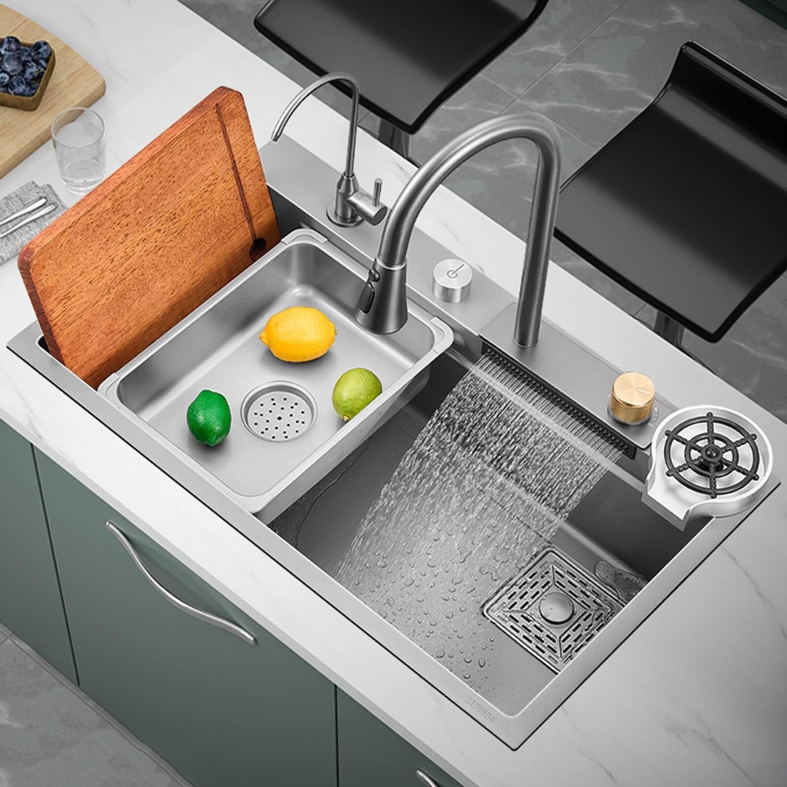WBJGUOD Stainless Steel Drop-in Kitchen Sink with Waterfall Faucet - Commercial Single Bowl Workstation Chopping Board and Cup Washer(68X45Cm)
