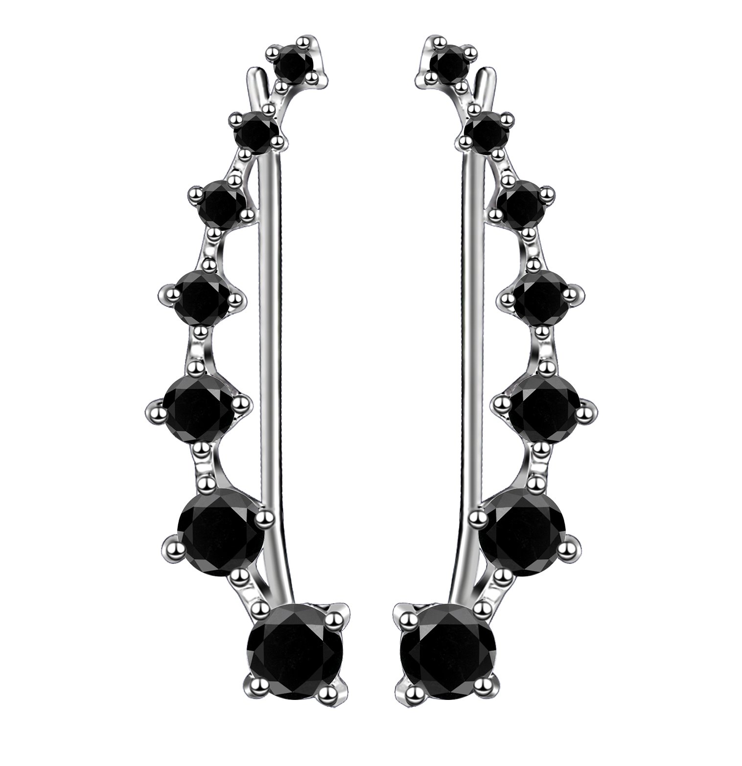 Earrings 7 Crystals Ear Cuffs Hoop Climber S925 Sterling Silver Hypoallergenic (Black)