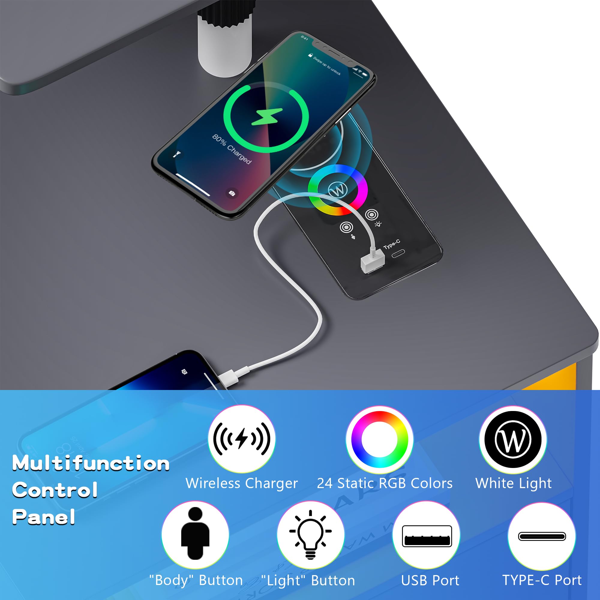 Lvifur LED Tavolino da Letto Comodino con Stazione di Ricarica, Armadietto Mobile e Regolabile con Vassoio per Laptop Girevole a 360°, Sensore