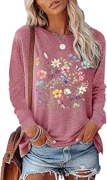 Womens Vintage Floral T Shirt Boho Wildflower Graphic Loose Tees Fall Long Sleeve Blouse Shirts Casual Tunic Tops