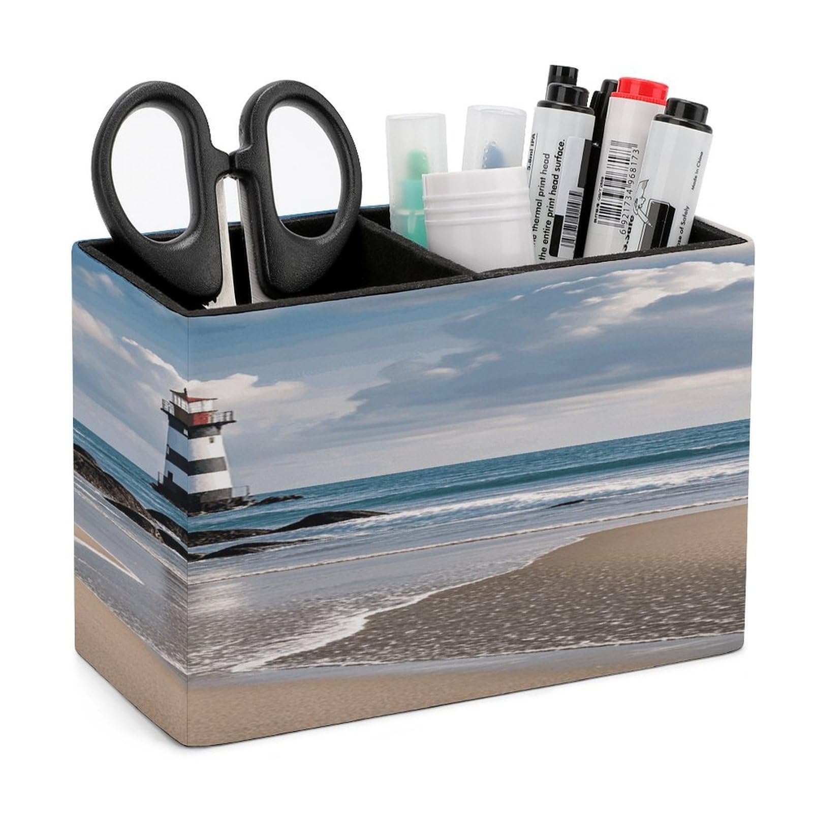 VstaDank Sea Lighthouse Sandbeach Pencil Holder for Desk Organizer 2 Compartments Pen Cup Leather Square Pen Holder Pencil Cup Stand Makeup Brush Holders for Desktop Organizer Storage Case