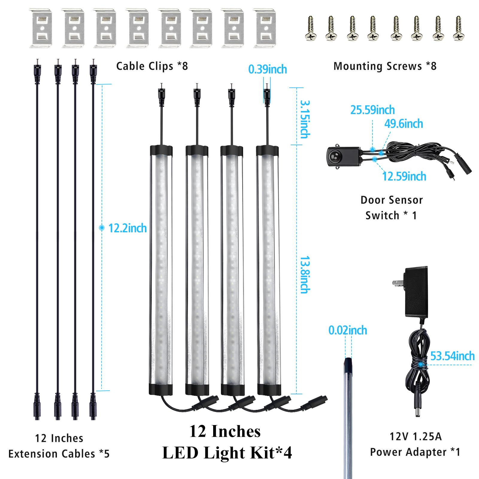 Vrothkain LED Gun Safe Lighting Kit, (4) 13 Inch Linkable Light Bars + Motion Sensor + UL Power Adapter, 900LM, Input 100-240V, for Under Cabinet Gun Safe Locker Closet Showcase, 6000K Daylight