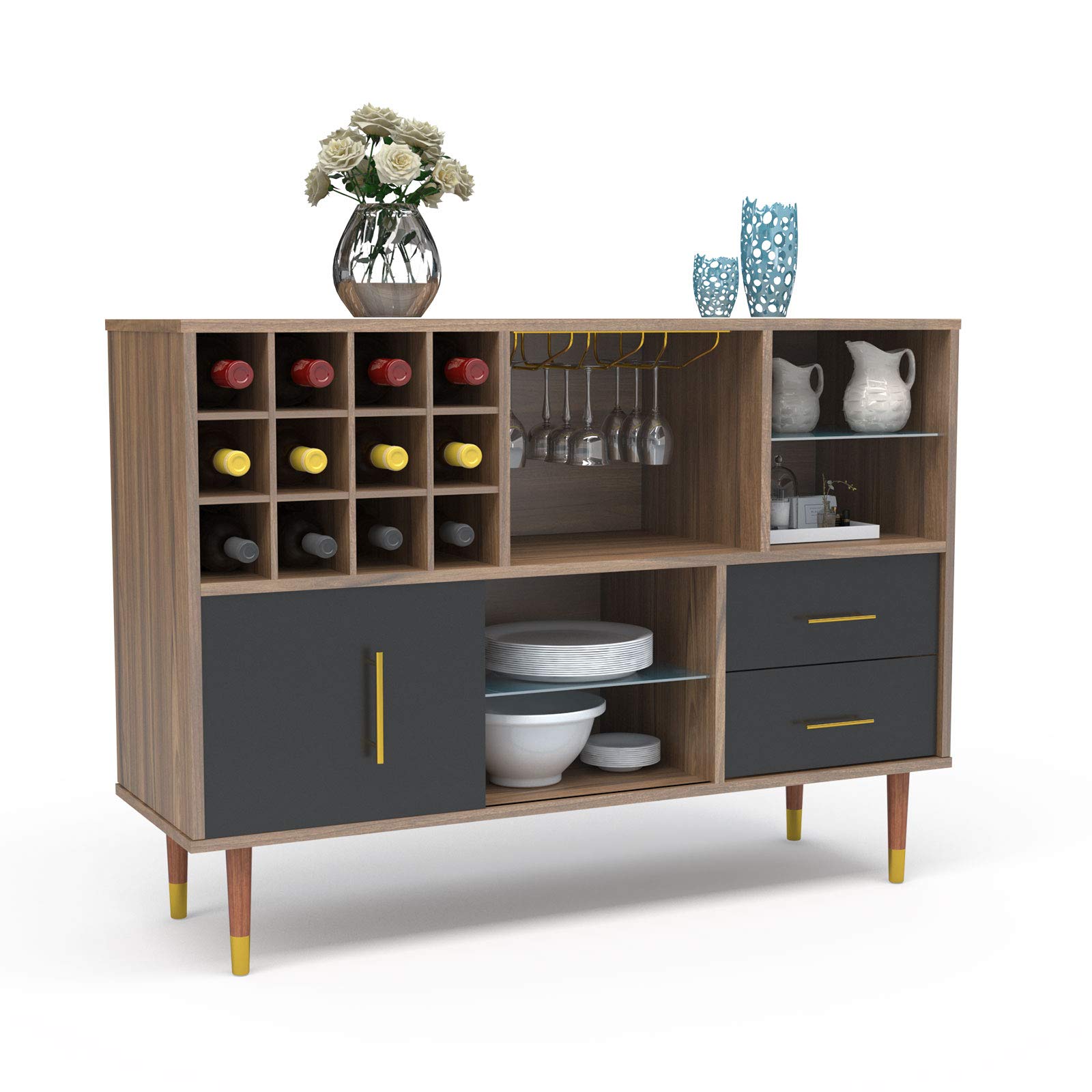Mecor Kitchen Sideboard Buffet, Storage Cabinet Server Cupboard, Console Table w/Wine Rack, Goblet Rail, Open Shelves and Drawers, Walnut/Black
