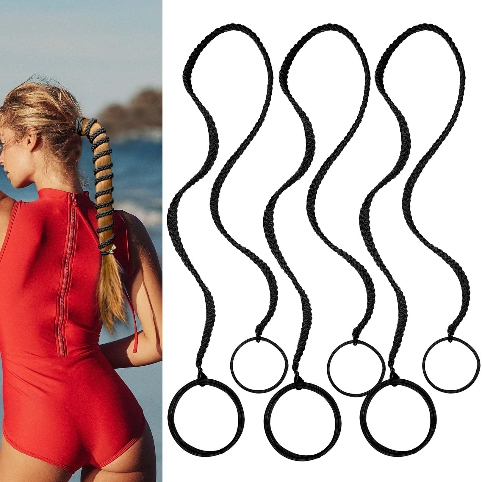 3 Packs 25" Black Elastic No Damage Hair Ties for Long Thick Hair - Ponytail Holders for Women's Braided Hair, Water Sport and Wind Protection