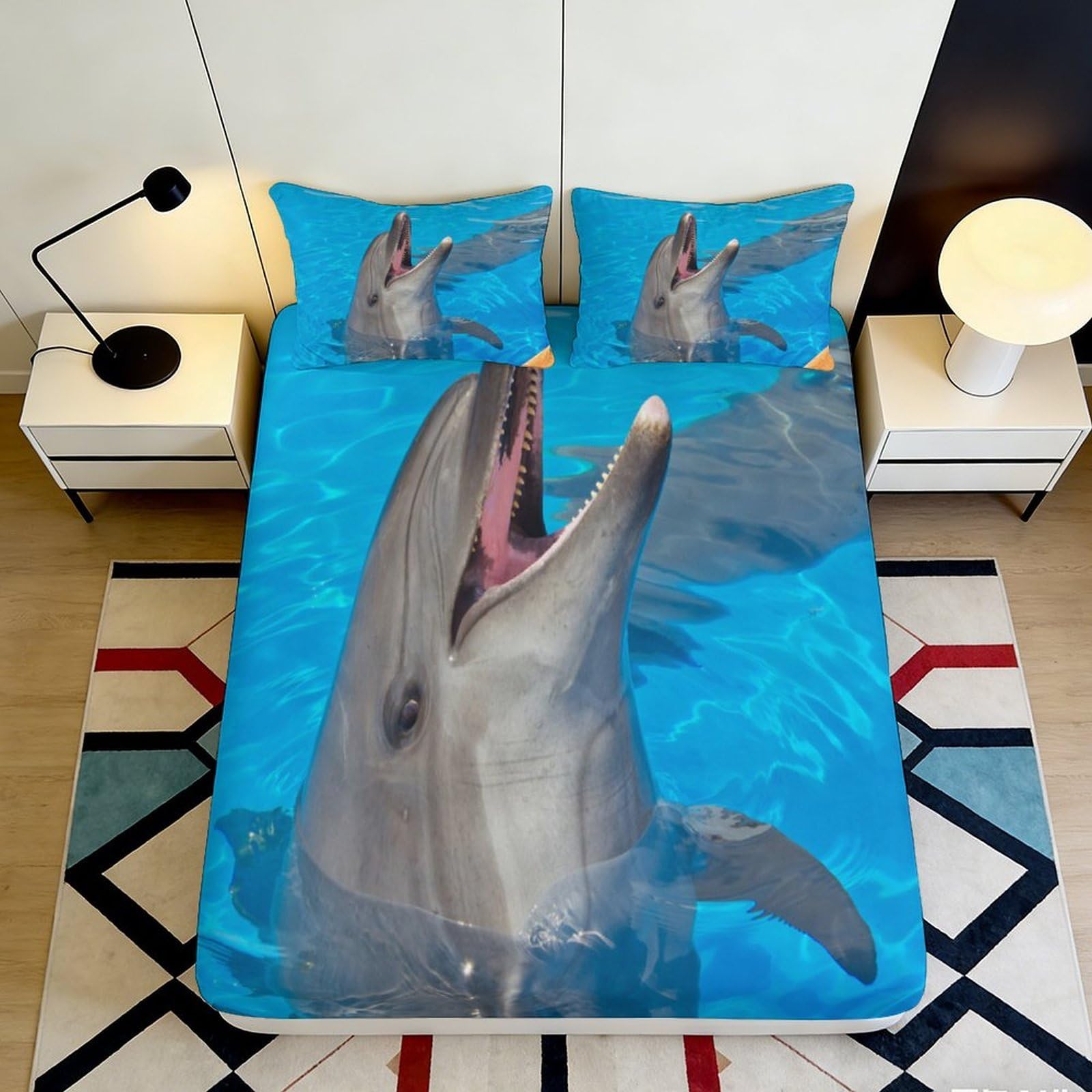 Jqzkxnhpbr Style-4 3D Printed Dolphin Ocean Fitted Sheet Microfiber Soft Anti-Slip Mattress Cover Blue Sea Bedroom Dorm Home Decor 90X200x25cm