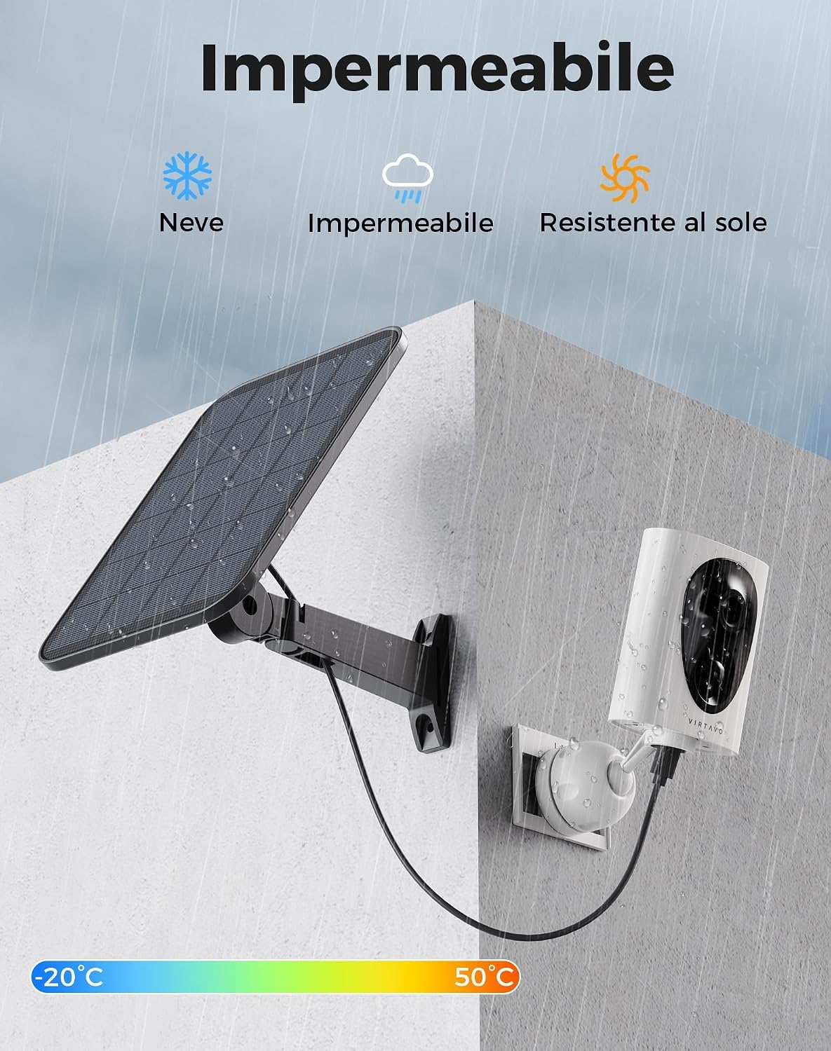 VIRTAVO 2K Telecamera WiFi Esterno Senza Fili, Starlight Lente, Videocamera Sorveglianza con 3W Pannello Solare, Visione Notturna a Colori, Rilevamento PIR, Audio Bidirezionale, SD/Cloud, SF1
