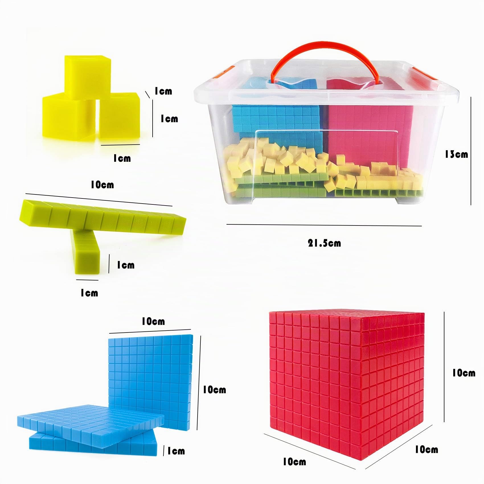Conjunto de Bloques Base Diez, 121PCS Base 10 Set Aprendizaje de matemáticas Manipulativo Enseñar a los niños Volumen, Conceptos numéricos y de Valor posicional para matemáticas tempranas de conteo