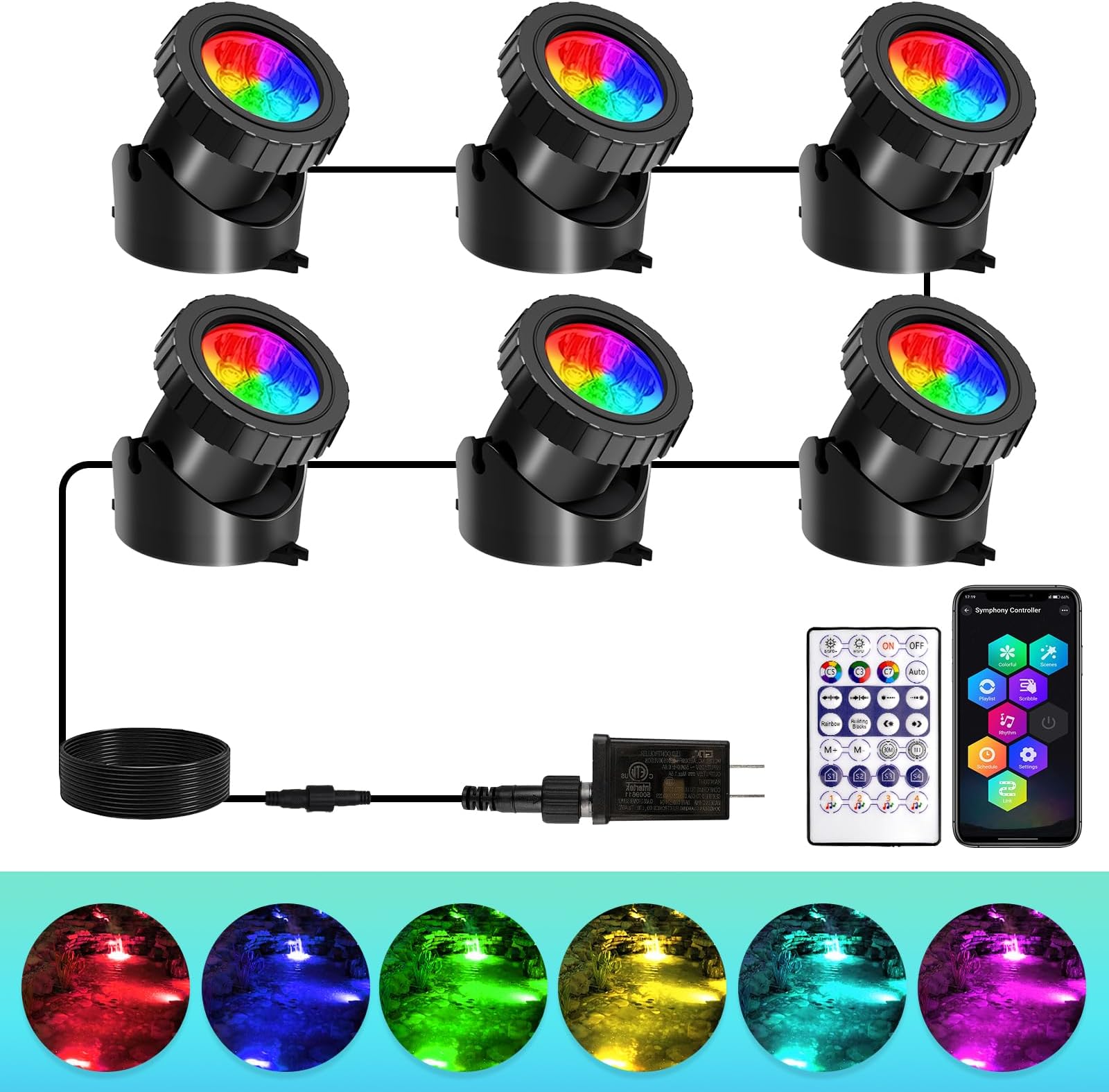 SHOYO Color Changing Pond Lights, Underwater Fountian Light IP68 Waterproof RGB Colored Spotlights Memory Dimmable Submersible Spot Lights Outdoor Gar
