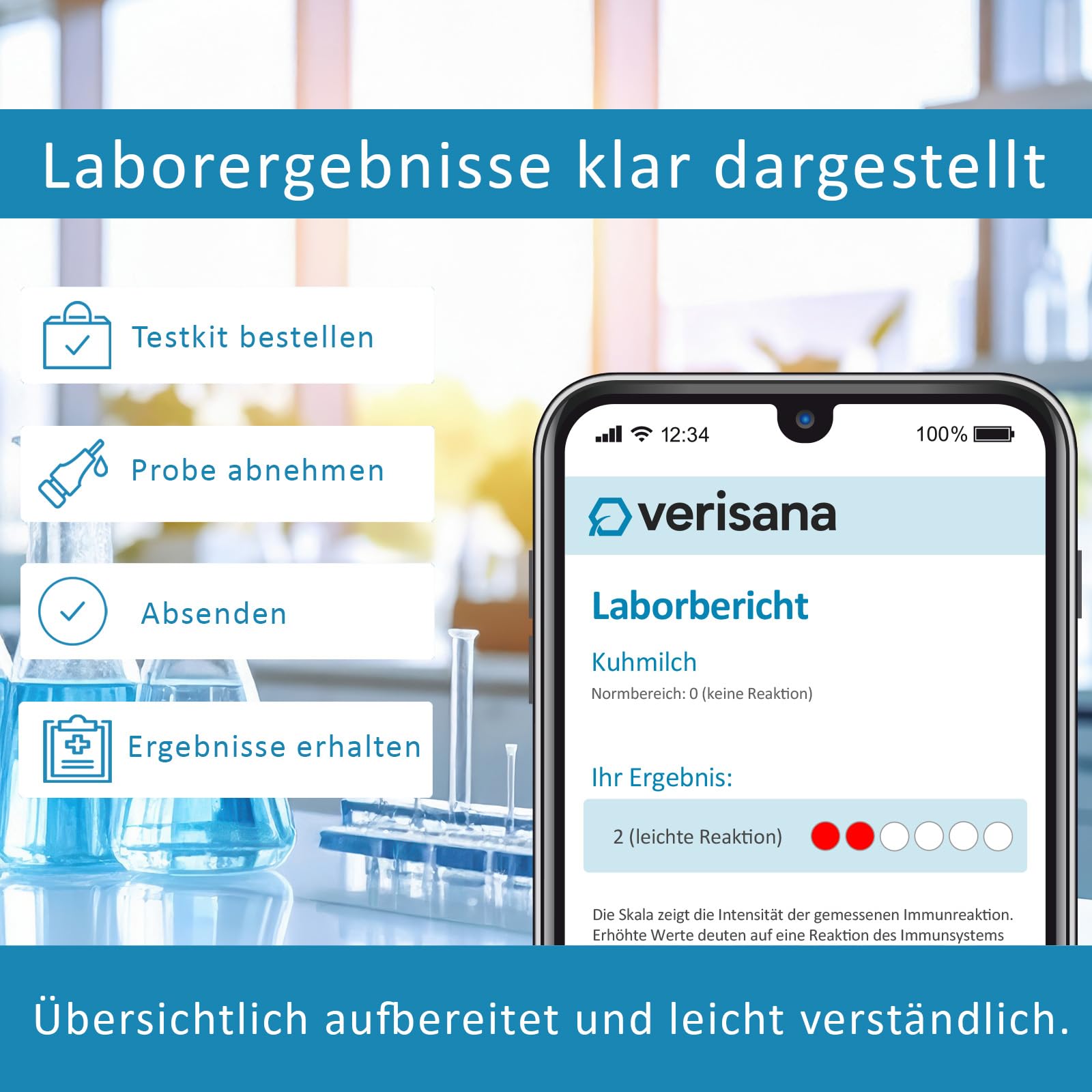 Verisana Nahrungsmittelallergie (IgE) Test & IgG4 Screening – Selbsttest bequem für zu Hause – Inkl. Laborbericht – Einfach und Schnell