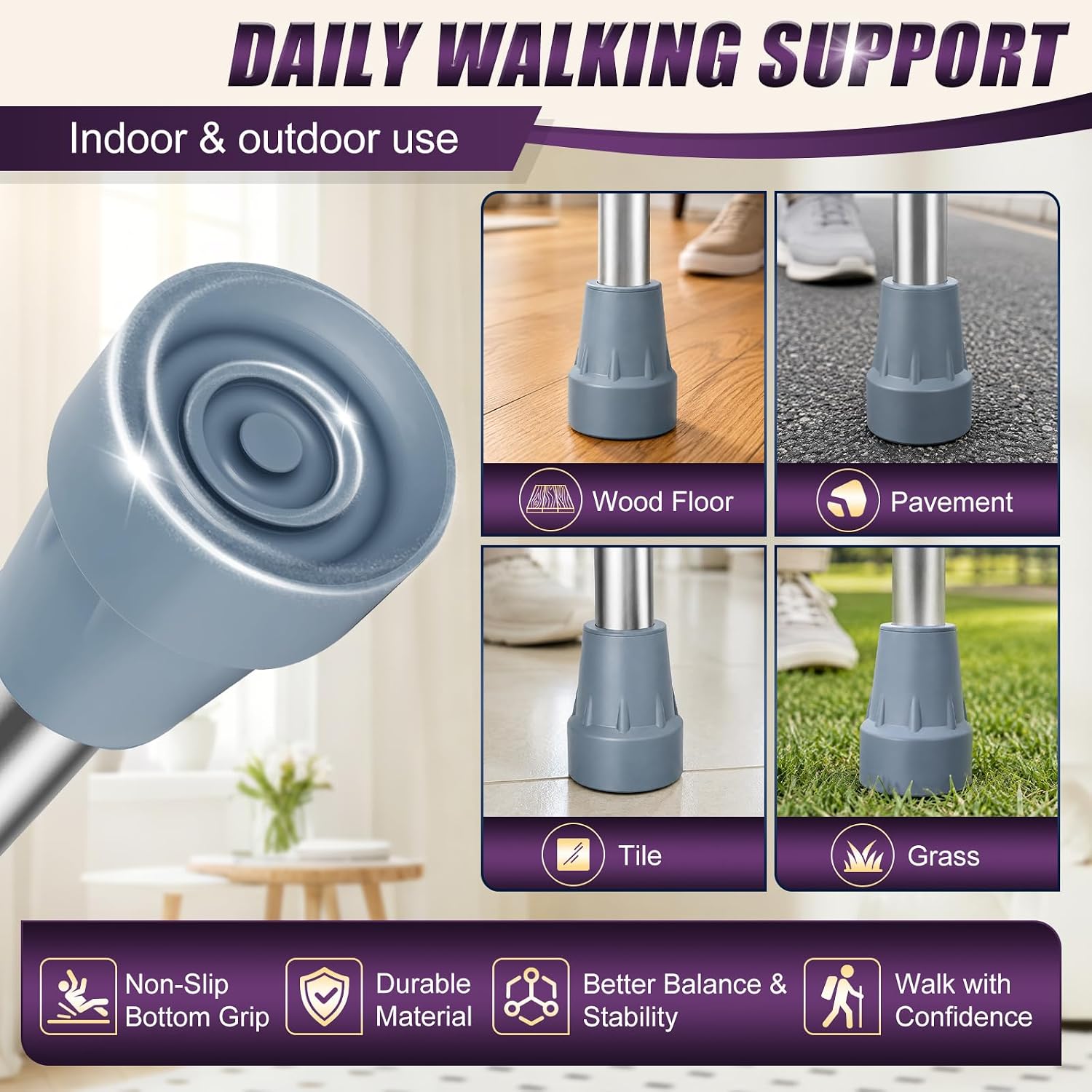 supregear Crutch Tips 7/8 Inch, 4-Pack Replacement Feet Caps, Grey