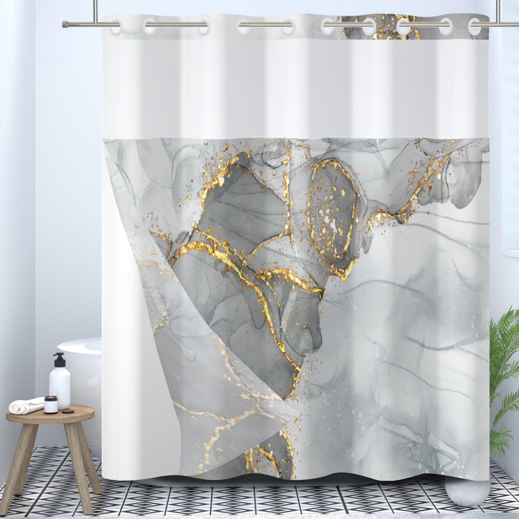 Ttincceer Hook-less Shower Curtain with Snap in Fabric Liners Grey Gold Marble No Hooks Shower Curtains Waterproof Luxury Double Layer Bathroom Curtain with See Through Top Window 71x86inch - Image 2