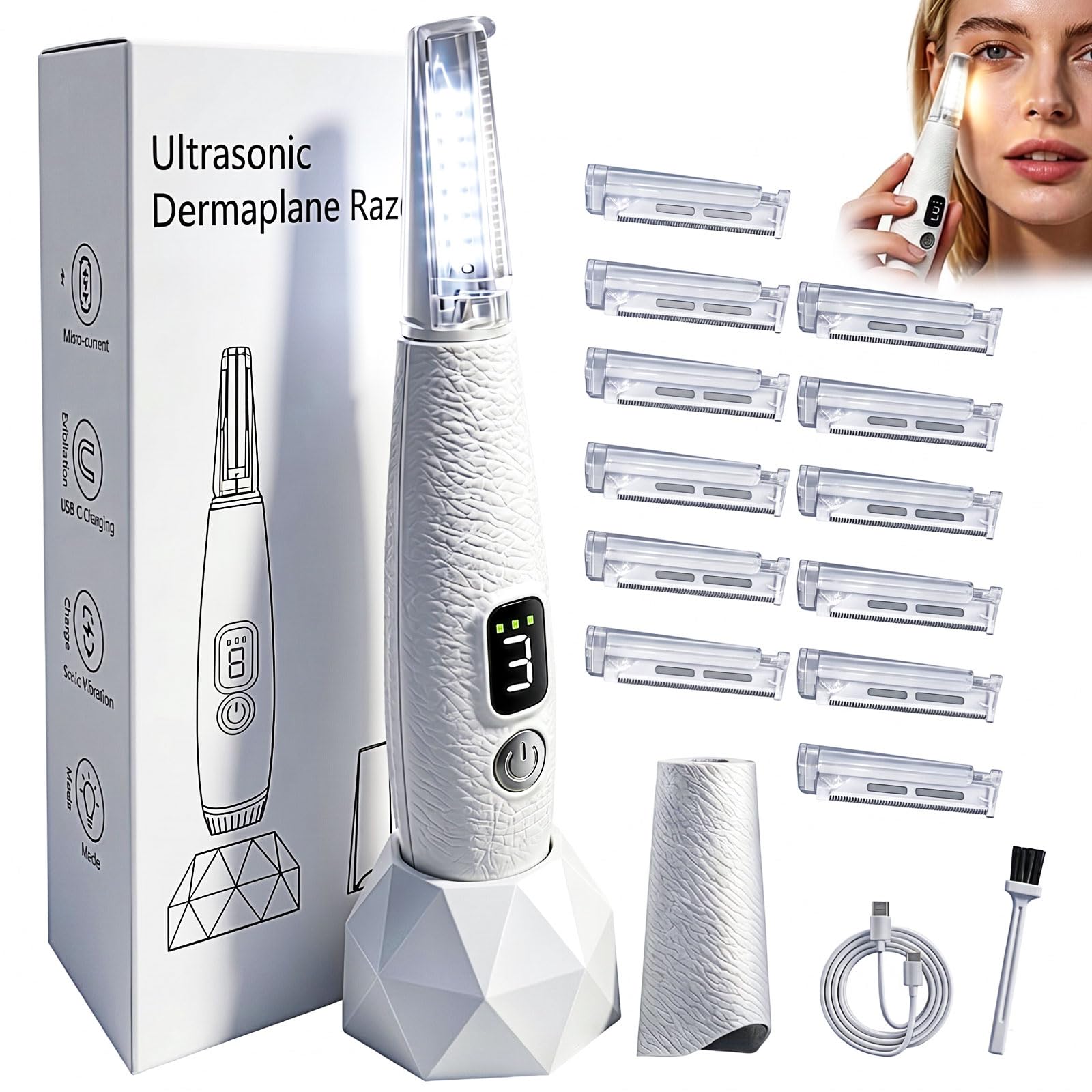 Sonic Dermaplane - Maquinilla de afeitar para mujer con 12 cuchillas de recambio para la cara, herramienta de planificación Derma Peach Fazz y exfoliante para cejas y vello facial, 3 velocidades, LED