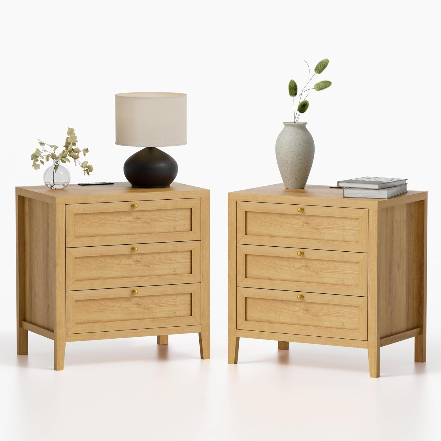 Large Nightstand Set of 2 with 3 Drawers, Farmhouse Bedside End Table with Charging Station, Modern Wood Night Stand for Sofa, Bedroom, Natural Oak