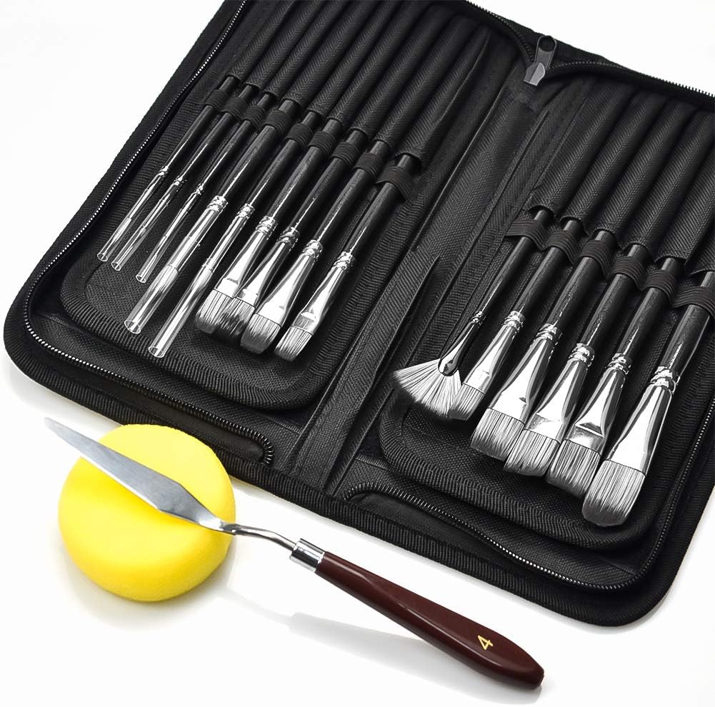 Loteaf 17 PCS Artist Paint Brush for Acrylic Painting with Free Palette Knife and Sponge Suitable for Watercolor, Acrylic, Oil Painting, Pop-up Carrying Case Included for Artists, Adults & Kids