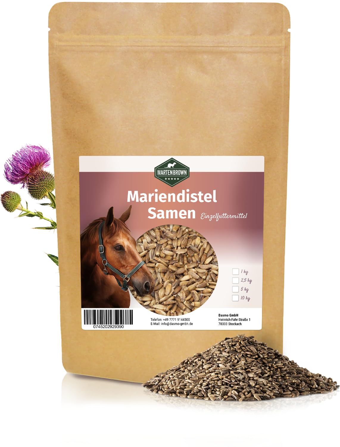 Martenbrown® Nasiona ostropestu plamistego 2,5 kg dla koni, psów i kotów – całe nasiona ostropestu plamistego bez dodatków - 100% produkt naturalny