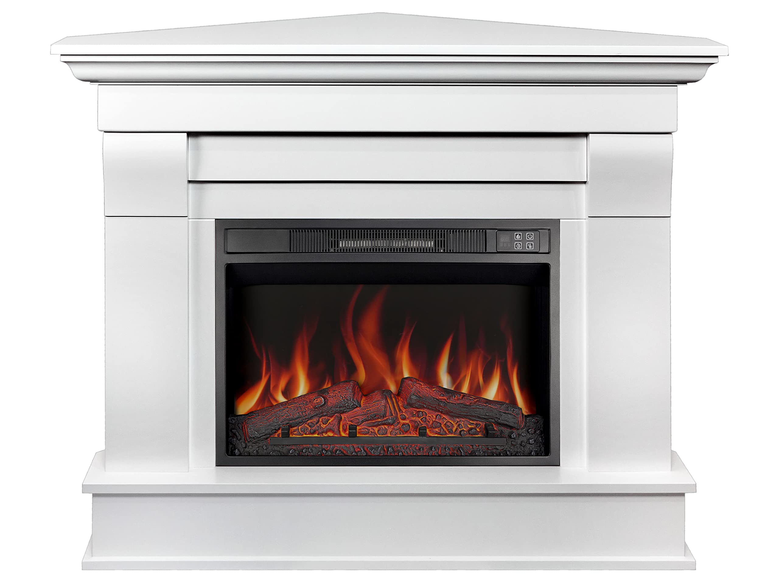 Cheminée d'angle debout électrique avec chauffage ALBION AF23S LED BLANC avec son, 12 modes de chauffage, minuterie, véritable effet flamme, 3 niveaux de luminosité, télécommande