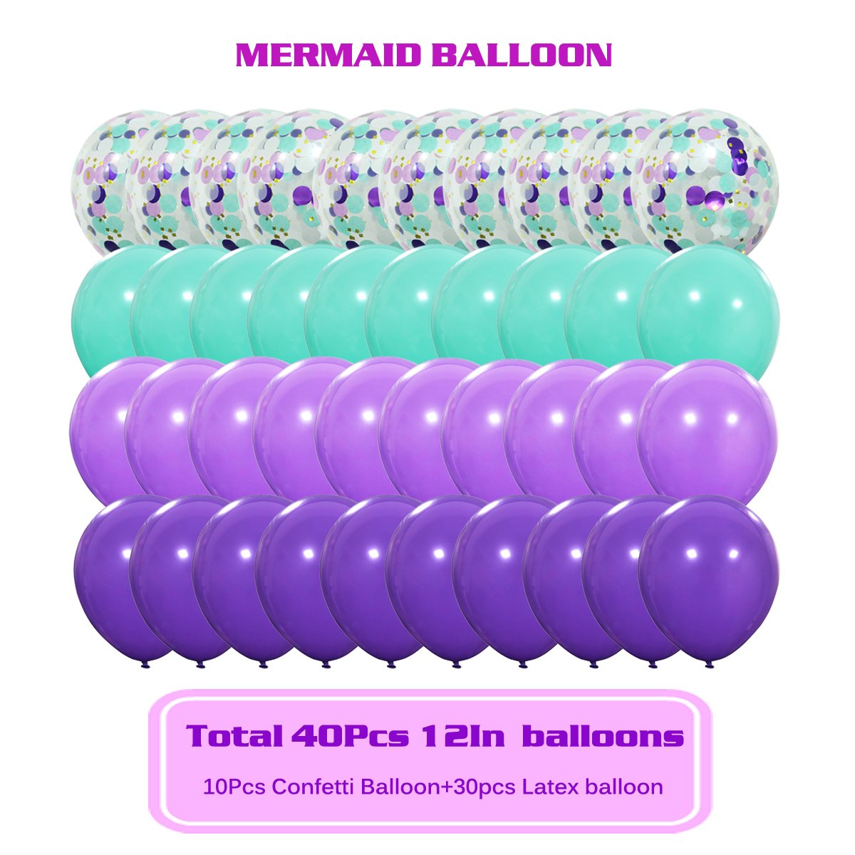 Mermaid Balloons 40 Pack, 12 Inch Light Dark Purple Seafoam Blue Latex