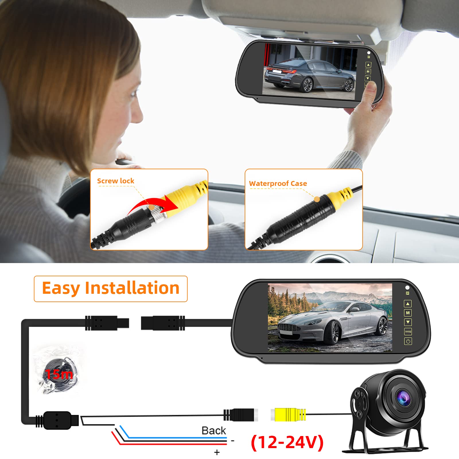 Cámaras de Marcha Atrás Retrovisor Pantalla Táctil 7 Pulgadas LCD Monitor Full HD 1080P Cámara Trasera Impermeable Visión Nocturna 12V-24V