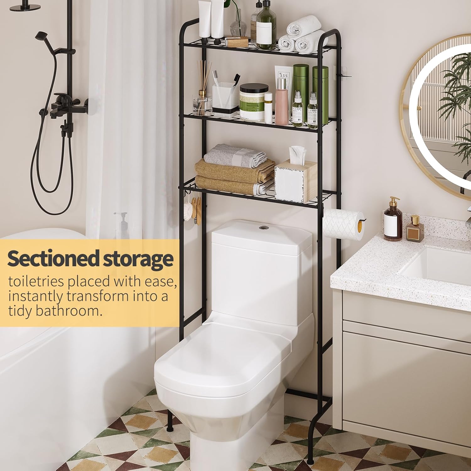 Over The Toilet Storage,3-Tier Heavy Duty Metal Bathroom Organizer, Freestanding Space Saver with Wide Shelves for Towels & Toilet Paper (Black) - Image 4