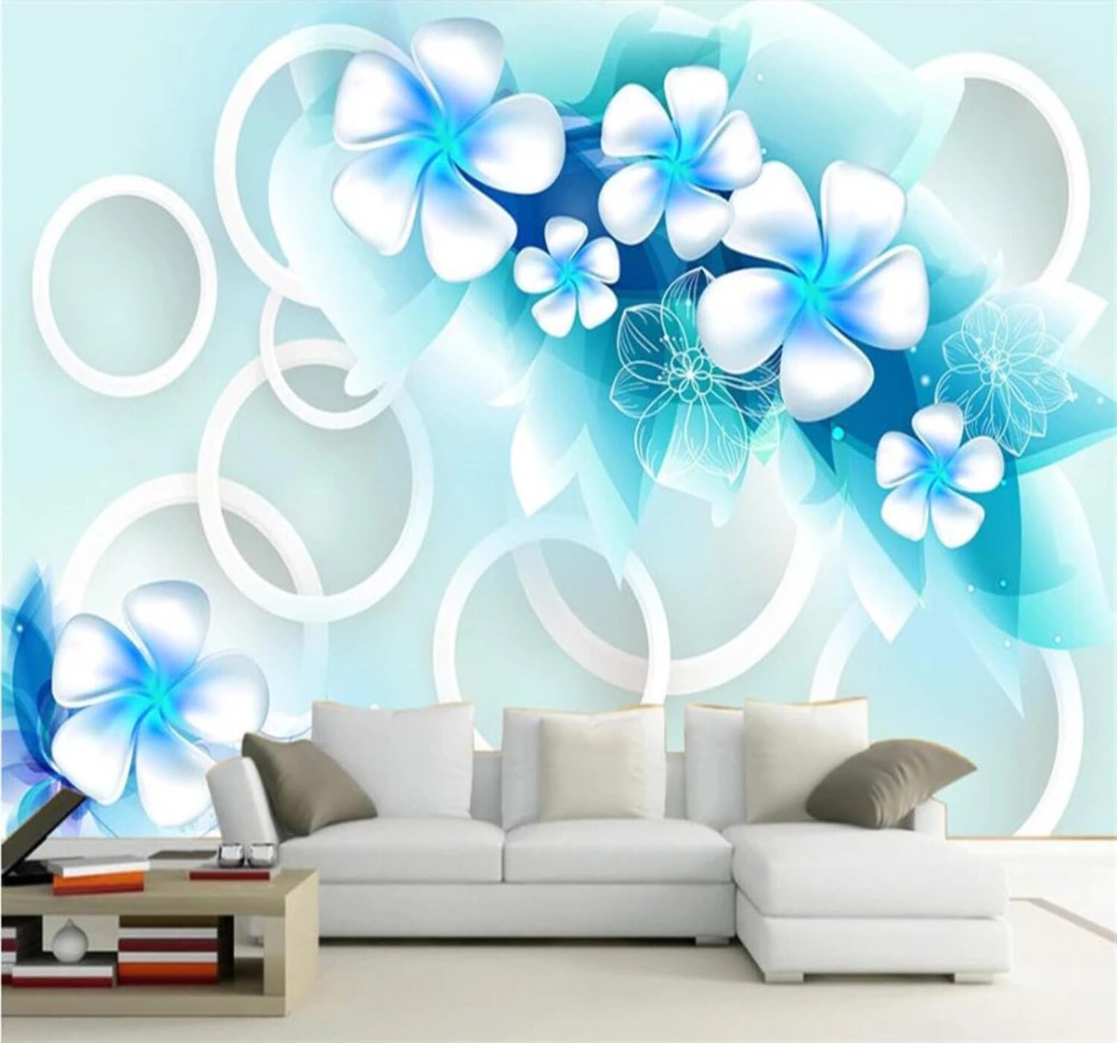 Wallpaper-3D-Xlm 300Cm×210Cm(B×H) Fresh Beautiful Blue Flowers Circular 3D Wallpaper Easy Install Feature Office Living Room Sofa Bedroom Tv Background Wall Decoration-300Cm×210Cm