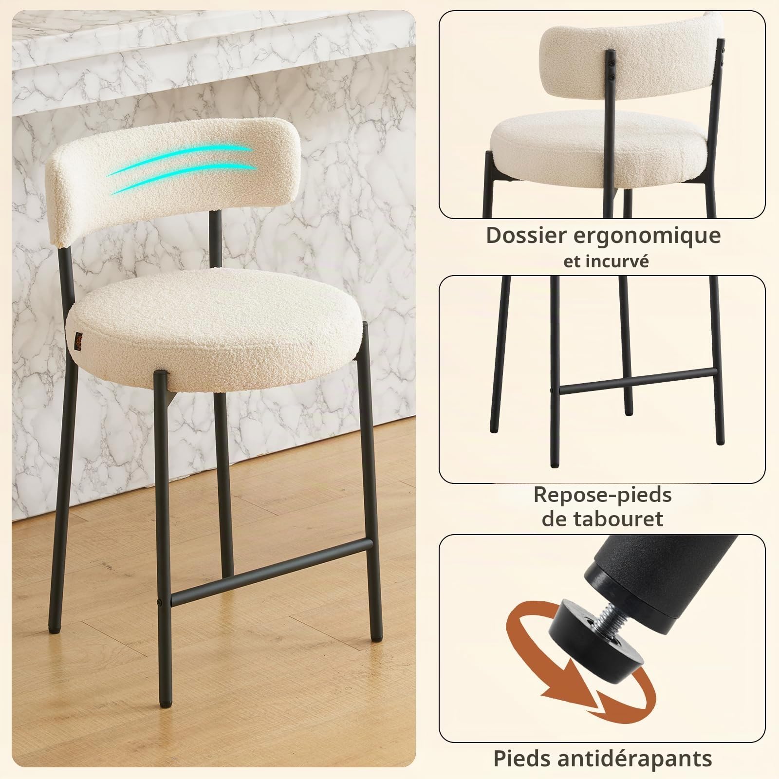 Lot de 4 Tabouret de Bar, Chaise de Bar, Chaise de Cuisine Hauteur 63.5cm, Tabourets Comptoir, Tabouret de Bistrot, Siège Rembourré avec Dossier, Repose-Pieds pour Cuisine, Bar, Blanc