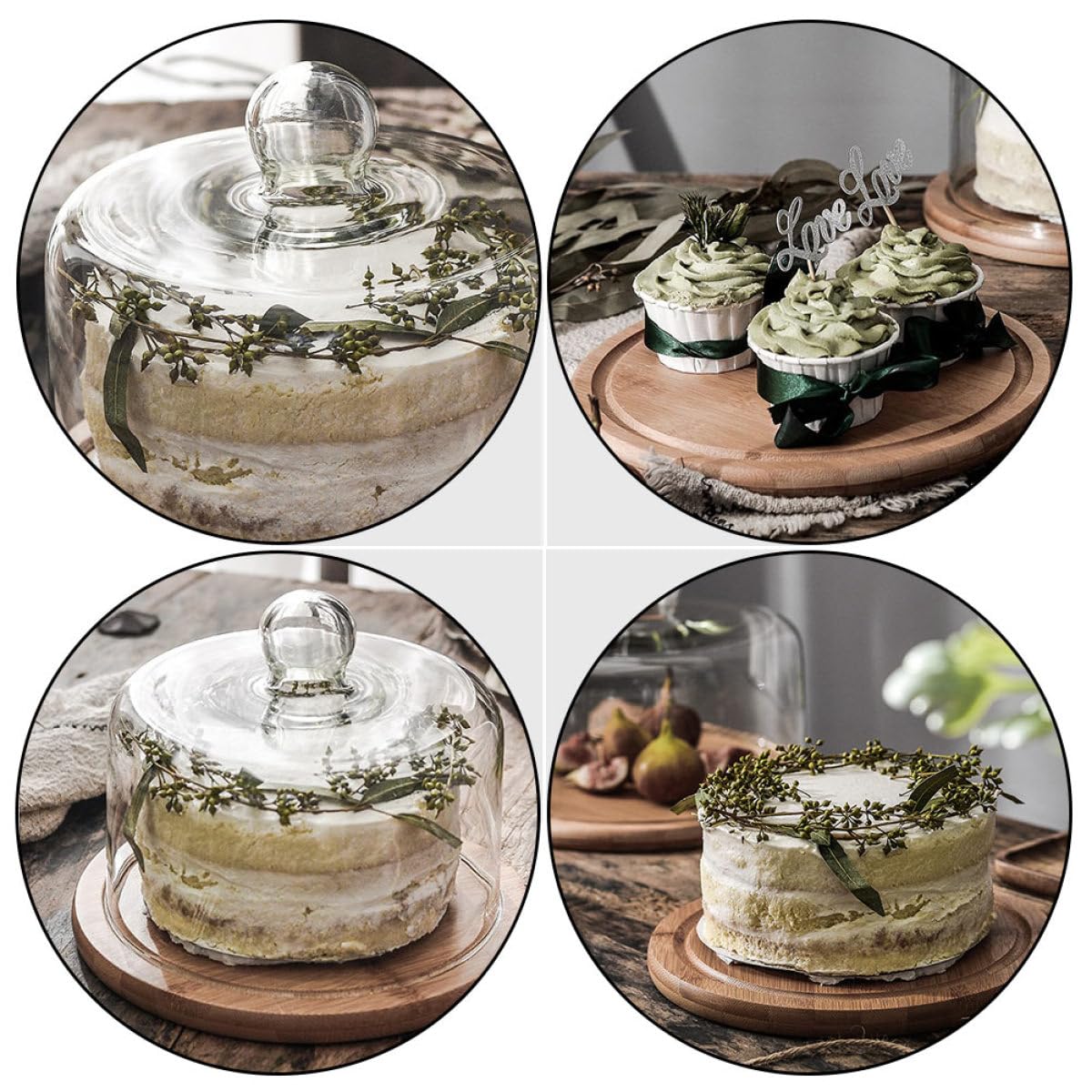 Artibetter Couvercle de Gâteau en Verre Cristal Transparent avec Plateau en Bois, Dôme Créatif pour Conservation Alimentaire Sûre, pour Maison et Mariage